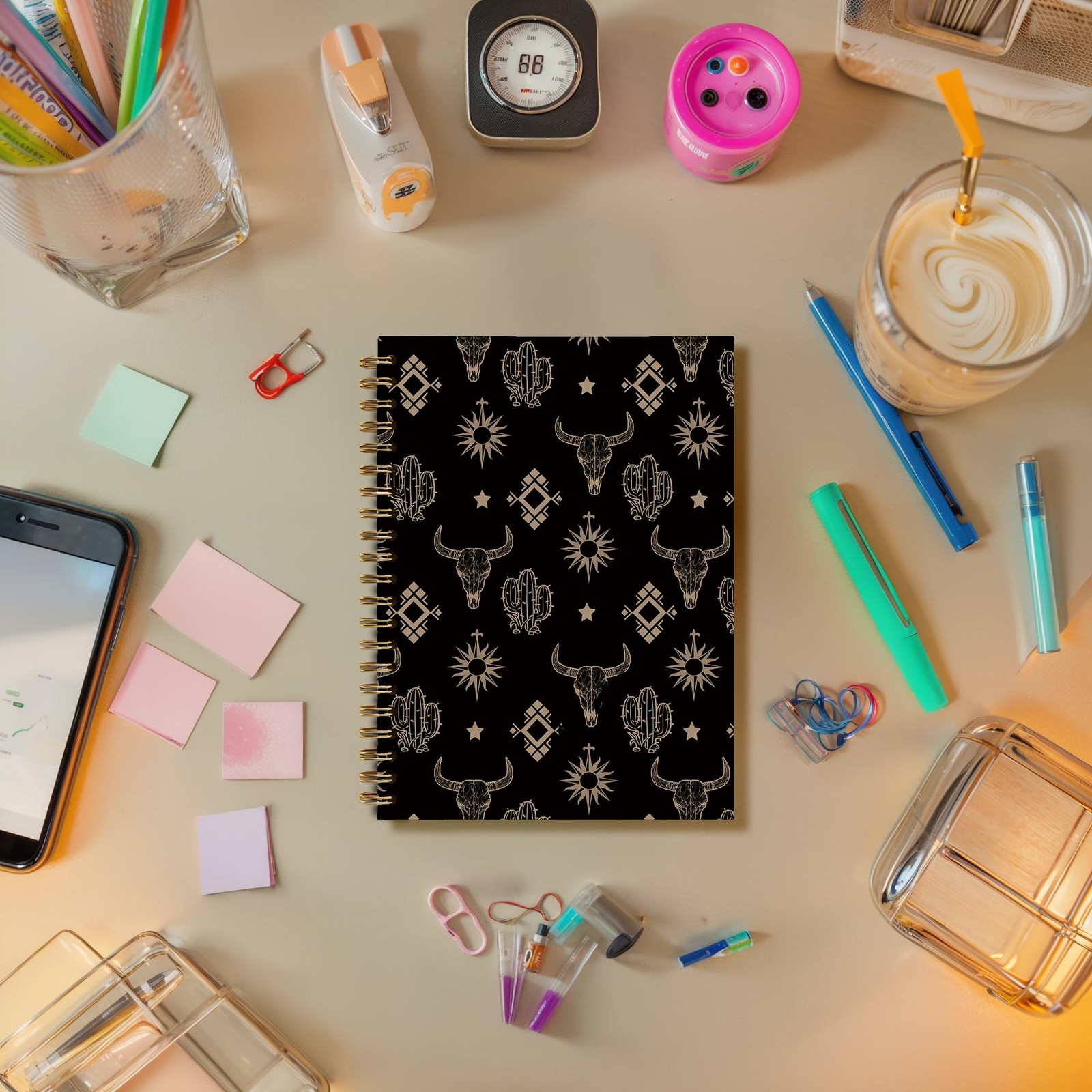 Boho Black Western Aztec Cow Bull Skull Spiral Notebook Journal for Work Scho…