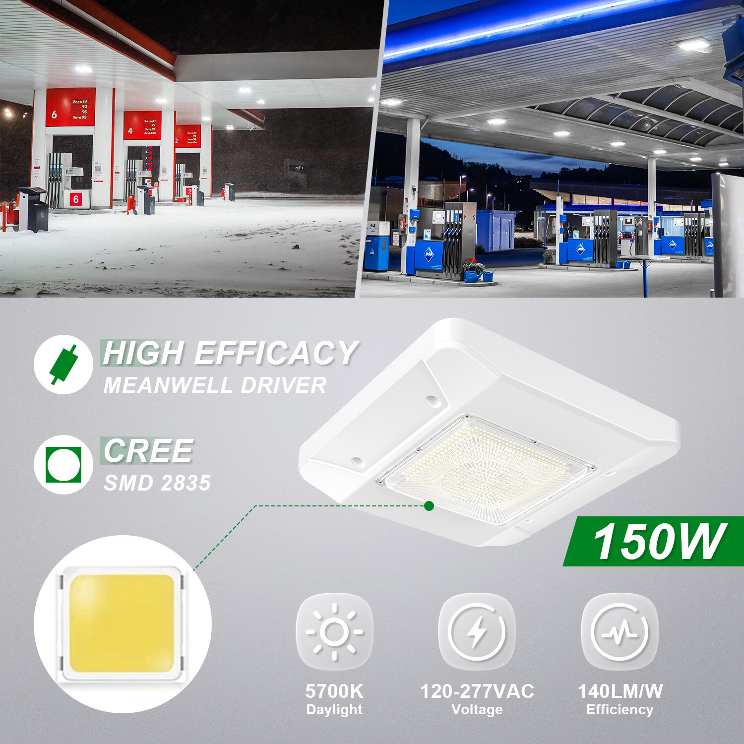 150W LED Canopy Light Parking Lot Gas Station Lamp IP65 21000LM Lights 5700k