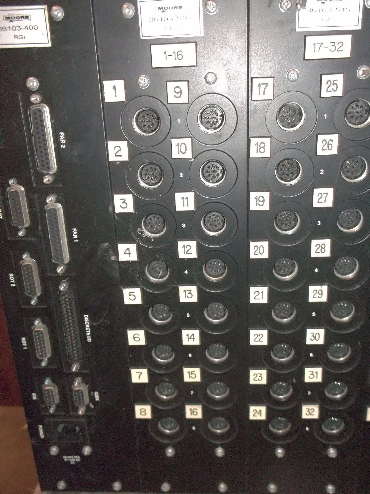 MOORE 6 SLOT RACK 36103-400 RGI POWER SUPPLY 36103-516 GIO BOARDS (MM5)