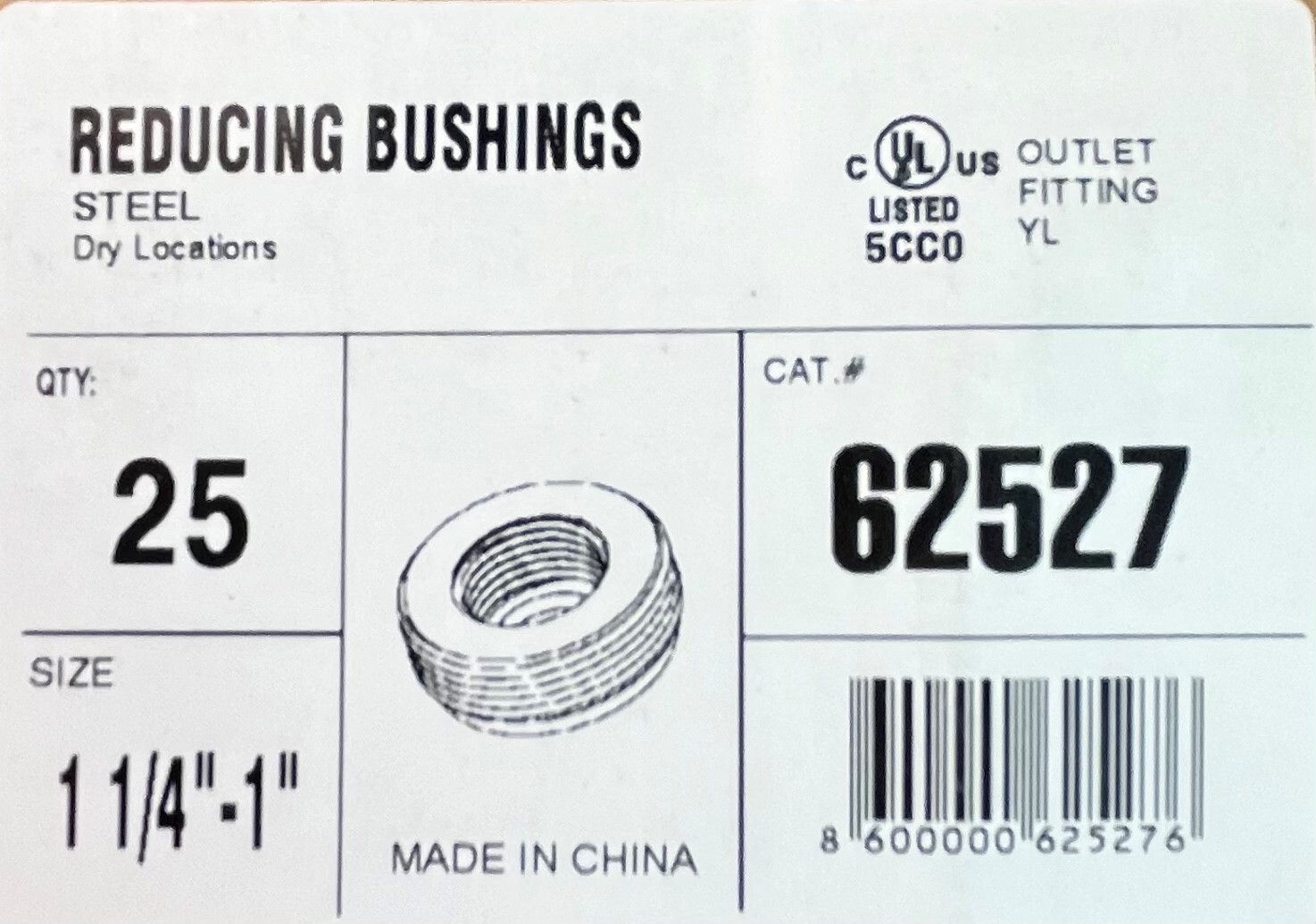 Rigid or IMC Electrical Conduit Reducing Bushing Steel 1-1/4″ to 1″