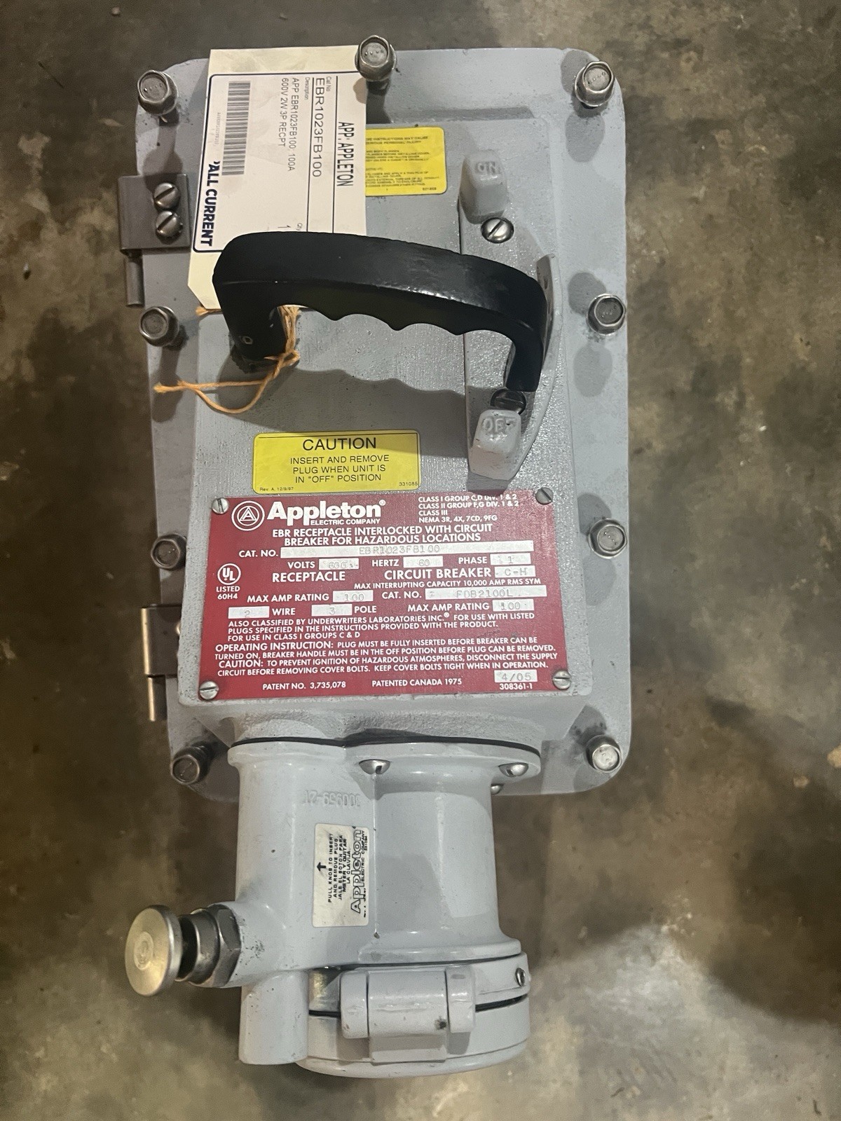 Appleton EBR1023FB100 Interlocked Receptacle Circuit Breaker 600V 100A 3-Pole