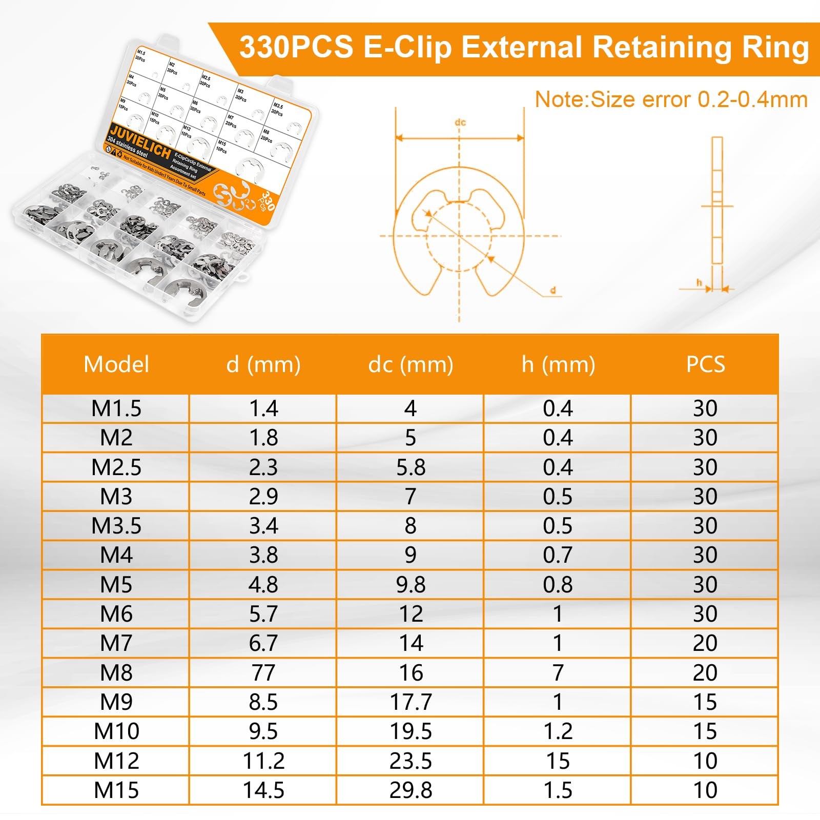 Juvielich E Clip Circlip Assortment 1.5 millimeters, Silver Kit