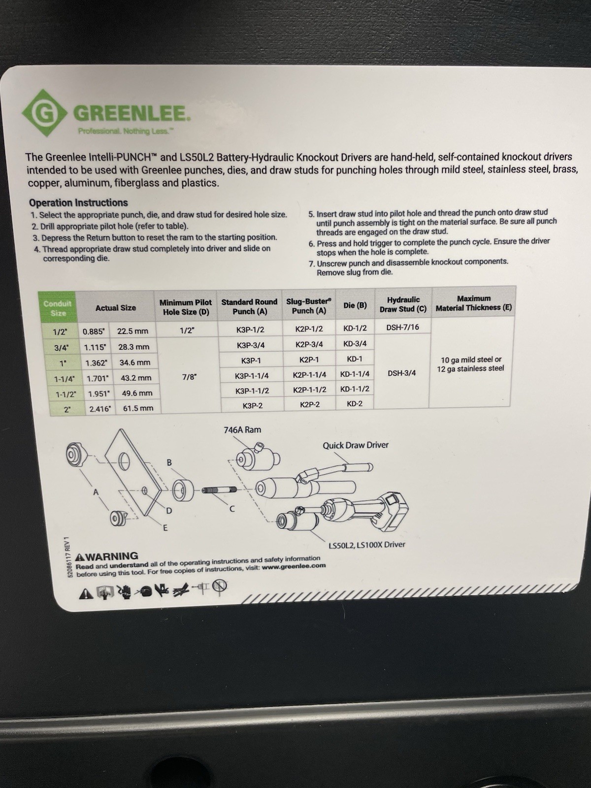 NEW Greenlee LS50L11A 7 Ton 11A 18V Battery-Powered Knockout Punching Tool Kit