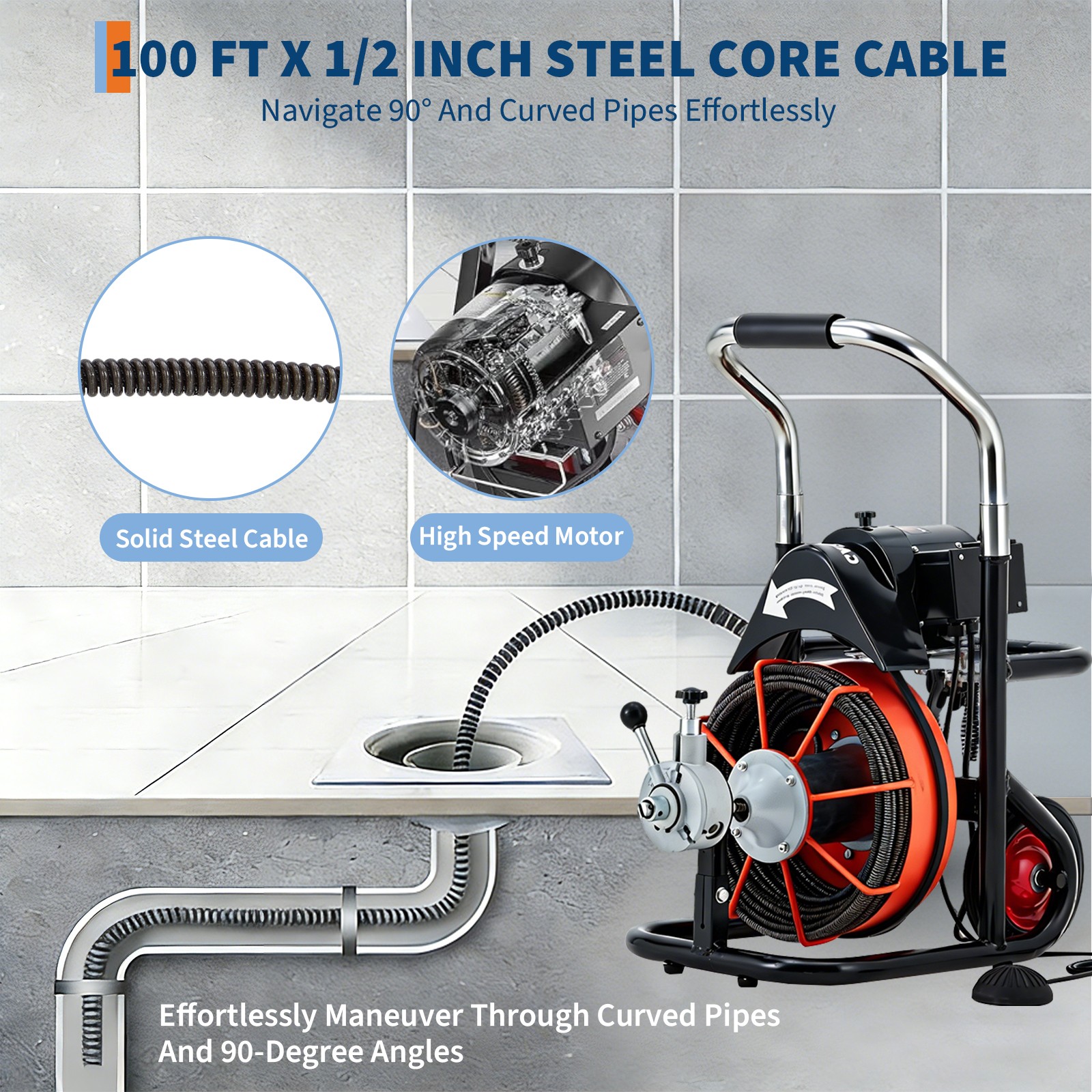Garvee 100FT Electric Drain Auger Auto-Feed 1/2″ Cable 10 Cutters for 2-6″ Pipes