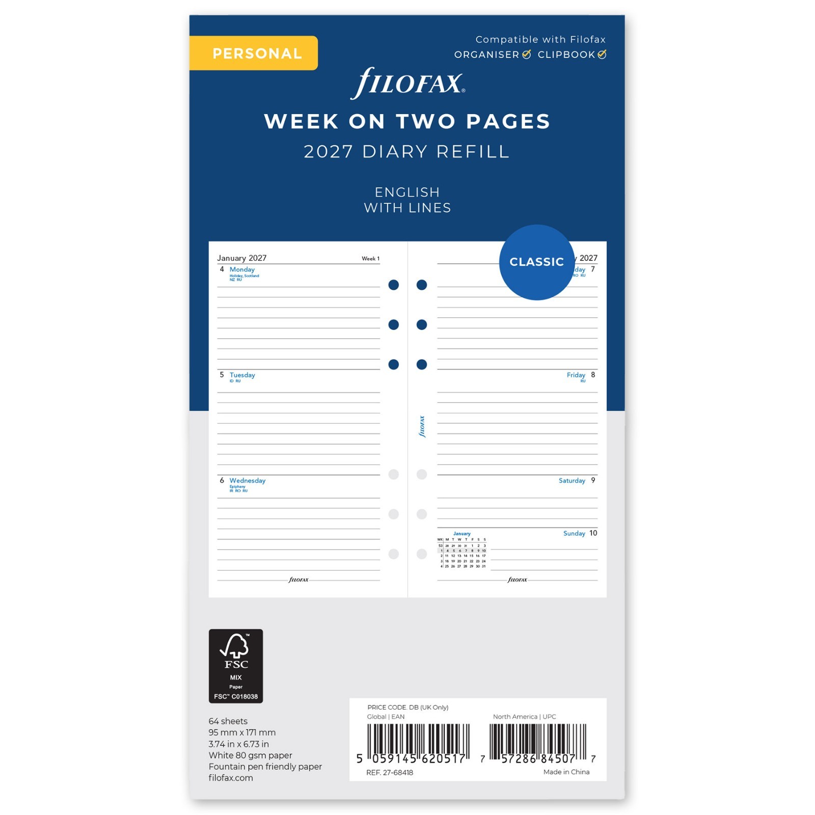 2026 Filofax Personal Size Refill 26-68418, Week on Two Pages, 95mm x 171mm