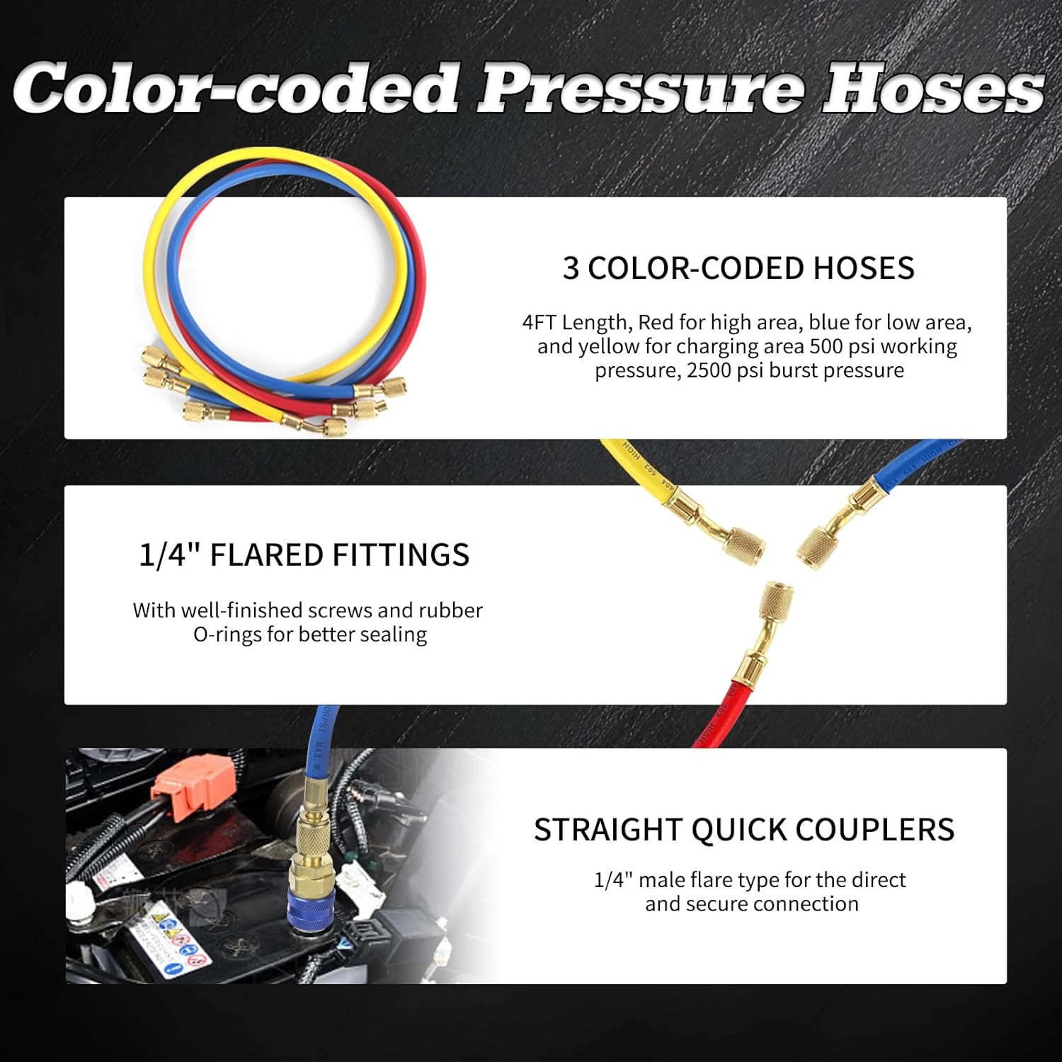 For R502 R134a R12 R22 AC Manifold Gauge Set A/C Refrigeration 3 Way Hose
