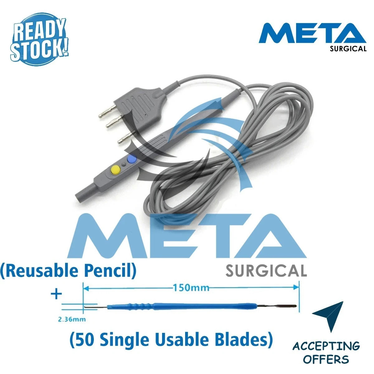 Electrosurgical Reusable Pencil with 50 SingleUse Blades Electrode Diathermy Pen