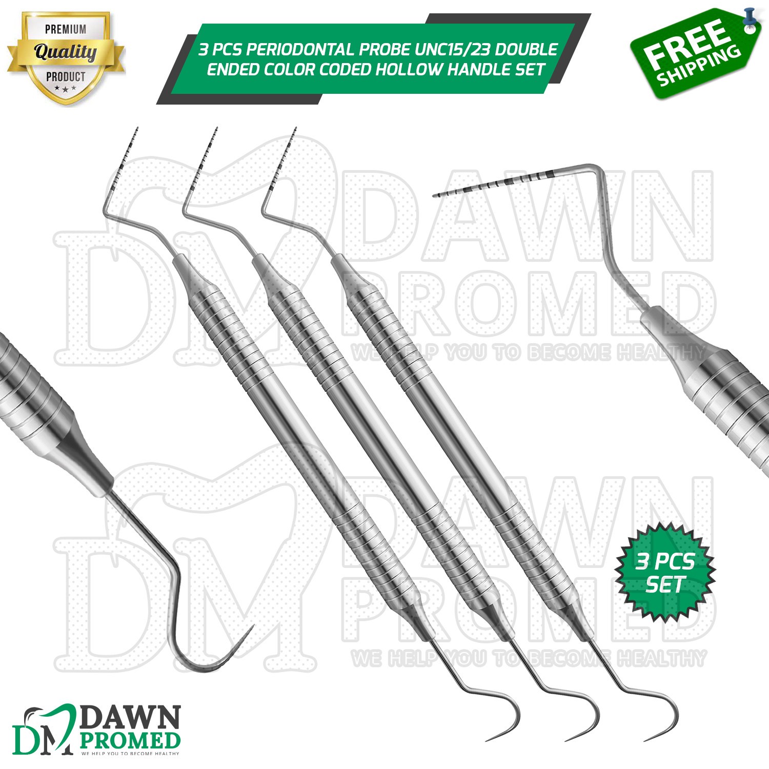 3 Pcs Periodontal Probe UNC15/23 Expro Double End Color Coded Hollow Handle Set