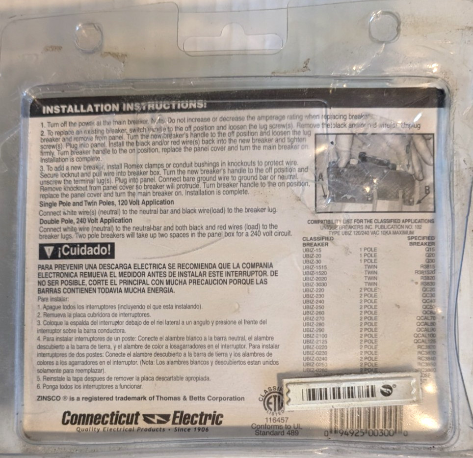 Zinsco UBIZ-15 Circuit Breaker Single Pole 120/240 VAC 15 AMP – New