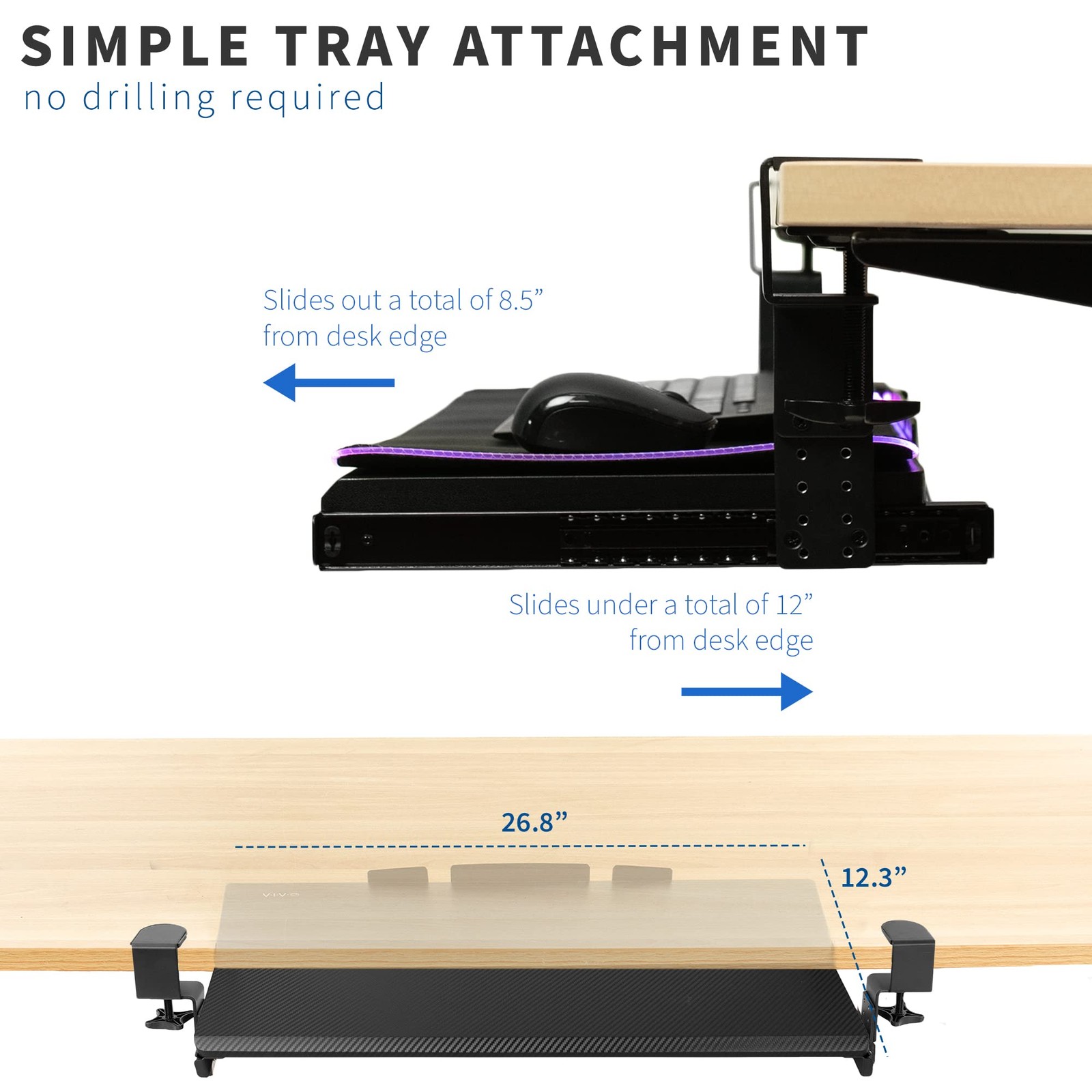 Large Height Adjustable Under Desk Keyboard Tray with RGB LED Light Mouse Pad, C