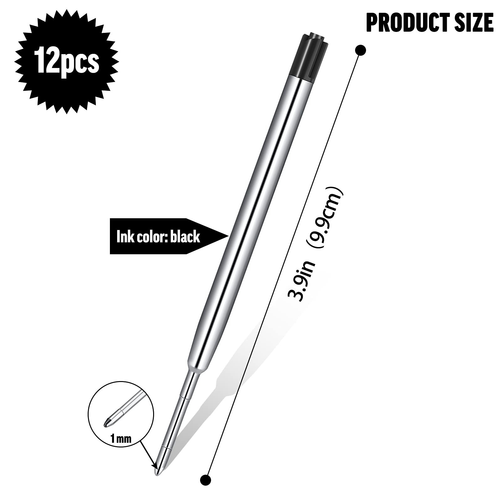 12 Pieces Pen Refills Black Ink 1.0mm Medium 12 Count (Pack of 1),