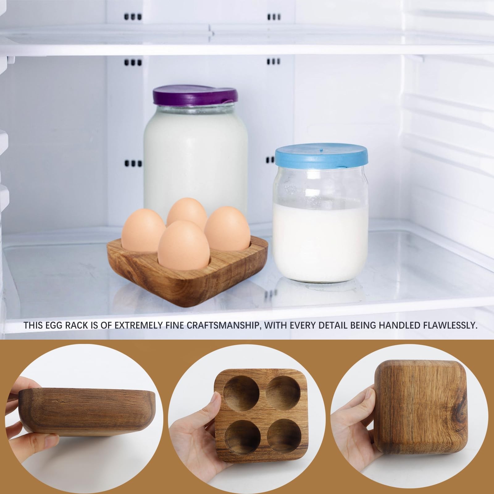 4 Slots Wooden Egg Tray, Holder for Kitchen Refrigerator Countertop brown