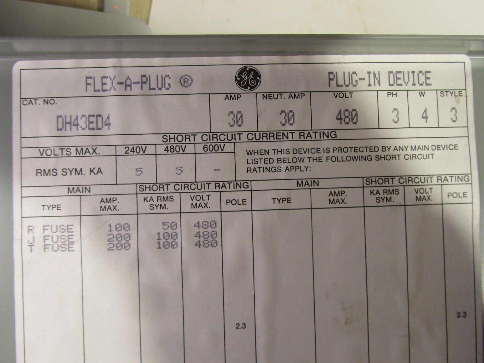 GE DH43ED4 Flex A Power Busway Plug 460 Volt 30 Amps 3 Phase Style 3