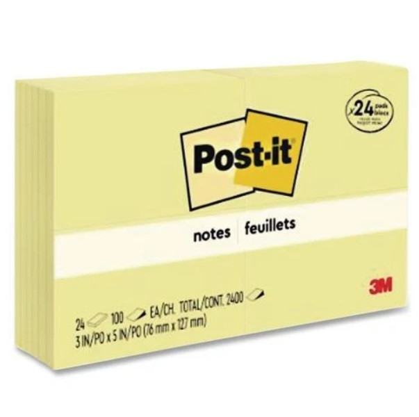 Post-it Notes Pads in Canary Yellow, Value PK, 3″x5″, 100 Sheets/Pad, 24 Pads/PK