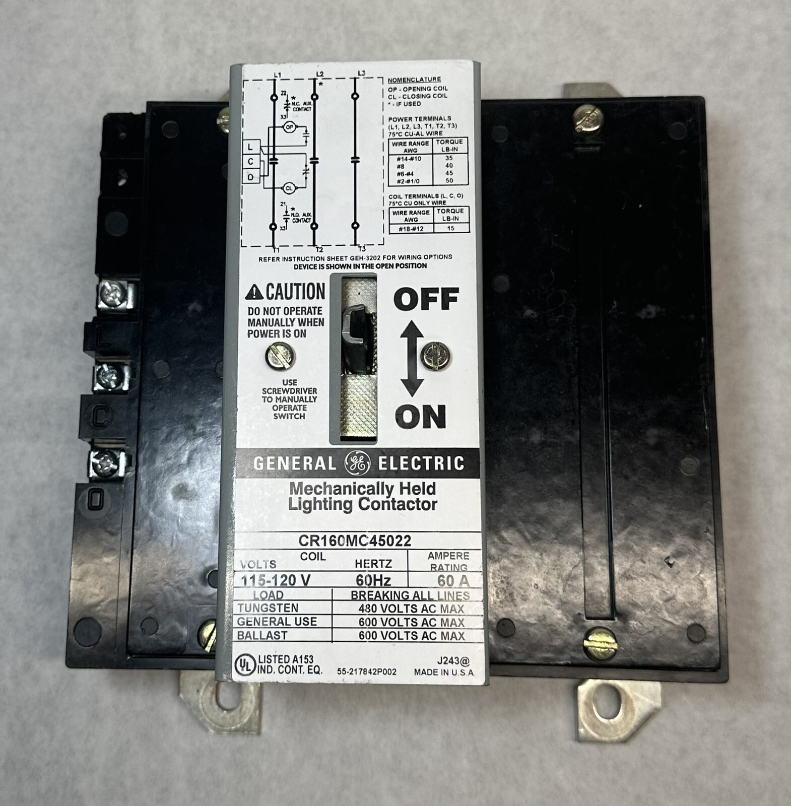 NEW GE CR160MC45022 Mechanically Held Contactor, Coil 115-120V, 60A, CR160MC