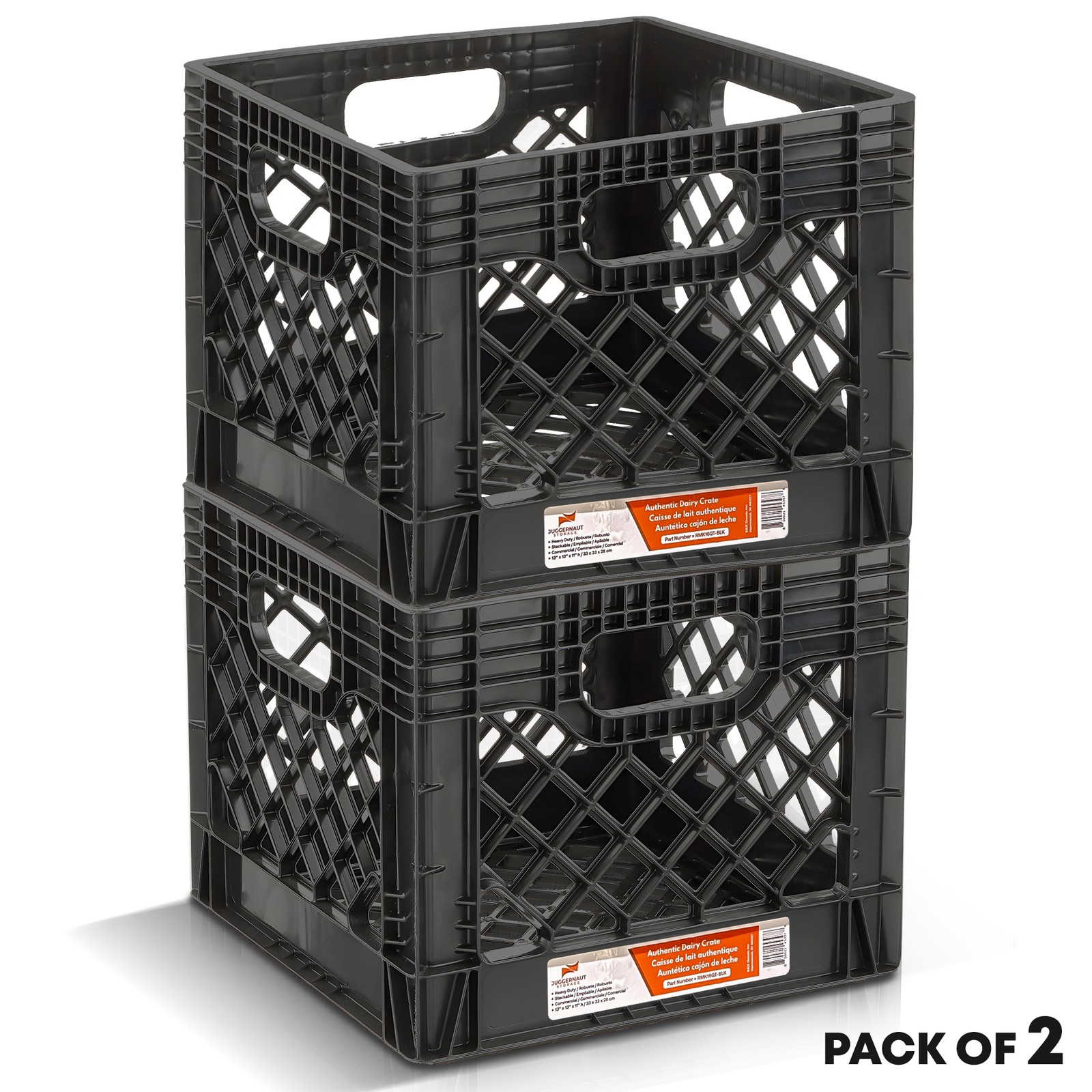 Juggernaut Storage Black 16QT Square Heavy Duty Milk Crate, 2 Pack
