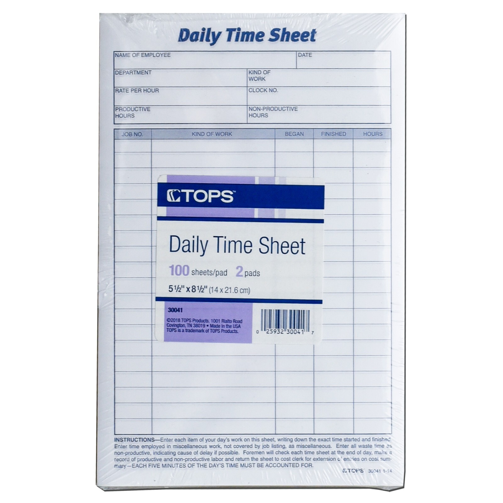 Tops 30041 Daily Time Sheet Form, 5-1/2 x 8-1/2″, Pack of 2 Pads.