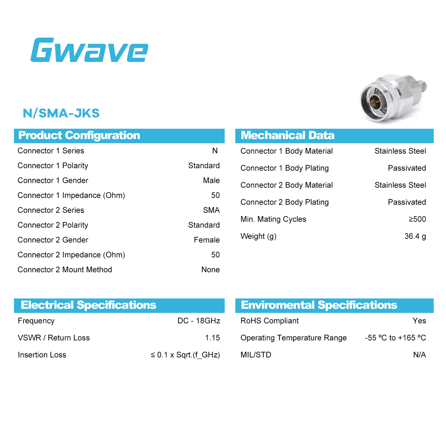 N Male to SMA Female Adapter, DC – 18GHz