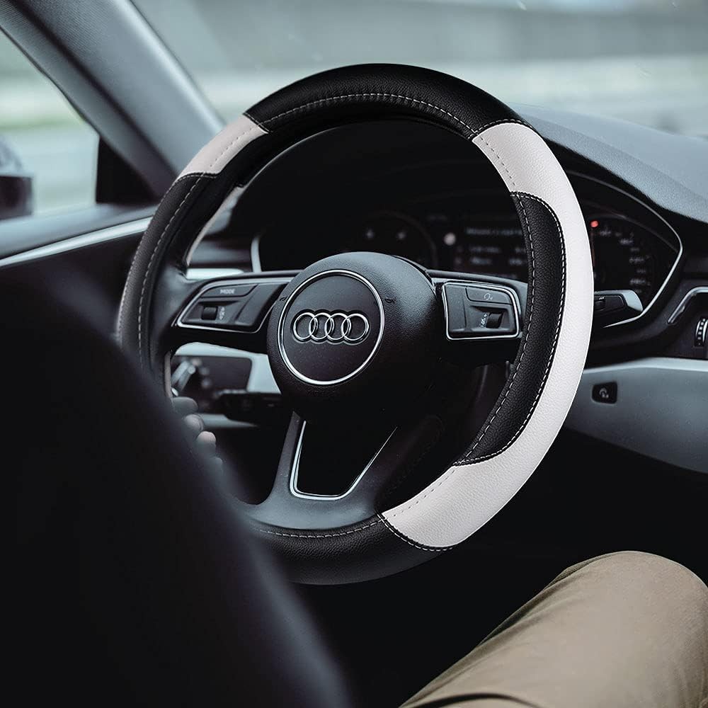 Leather Steering Wheel Cover Universal White Non-Slip Breathable Microfiber 38cm