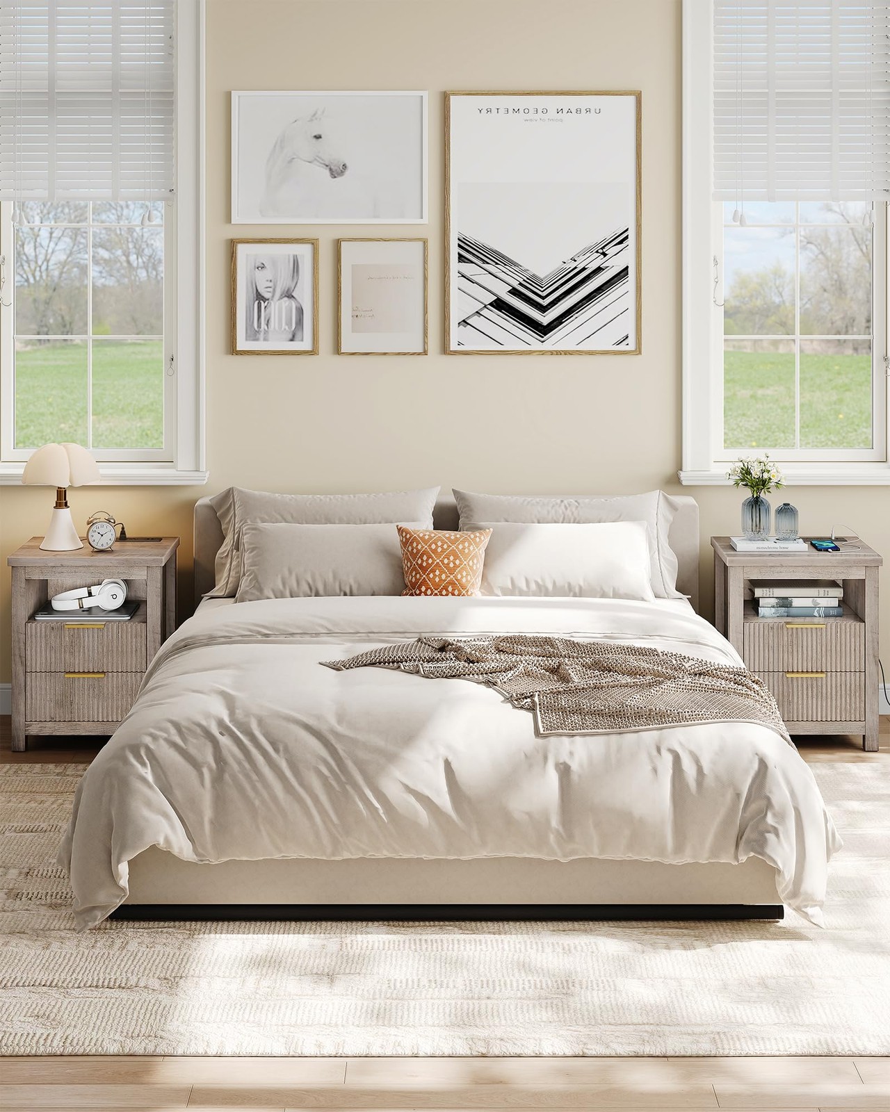 Fluted Nightstand Set of 2 with Charging Station and 2 Drawers