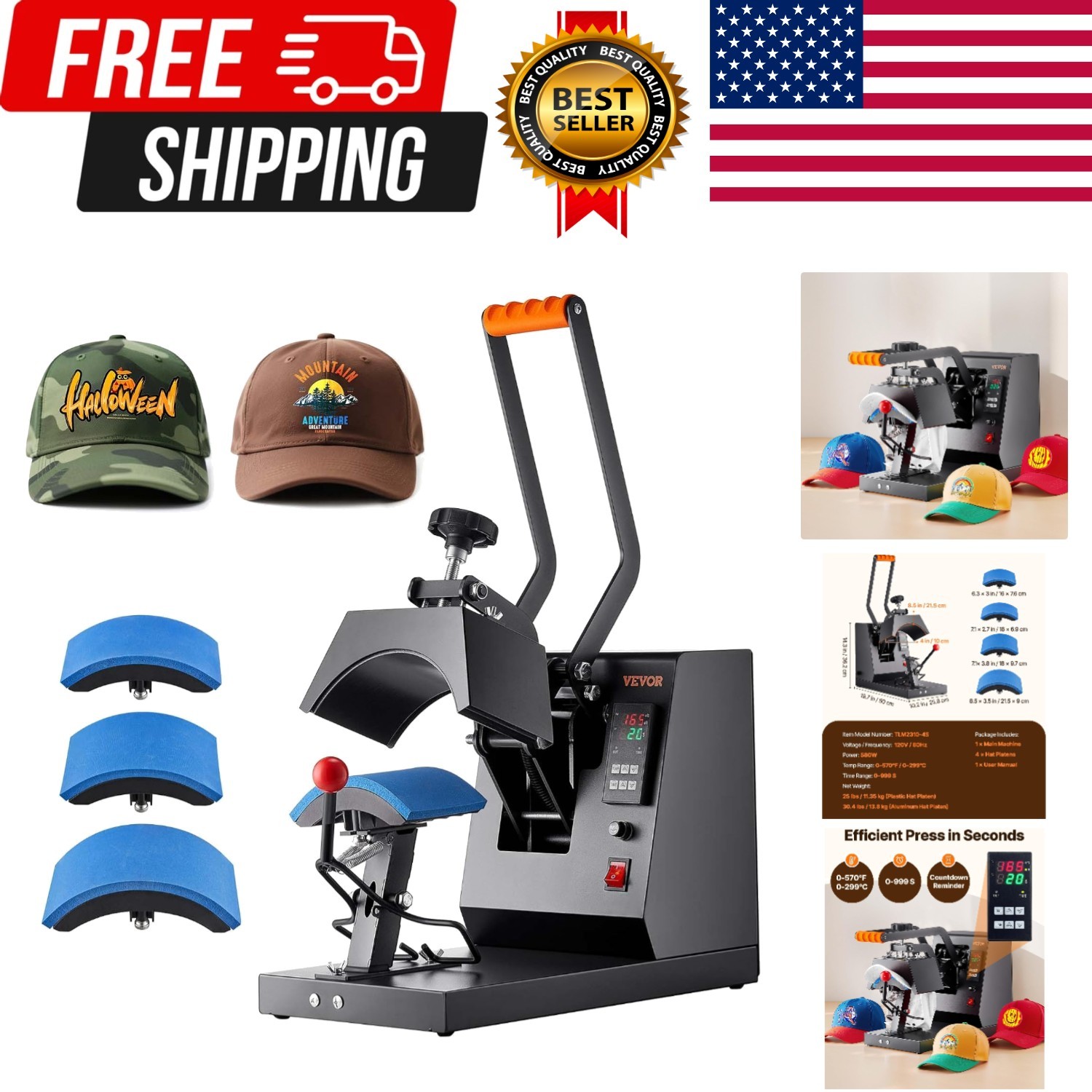 4-in-1 Heat Press Machine for Hats with 6x3inches Curved Teflon-Coated Heat P…