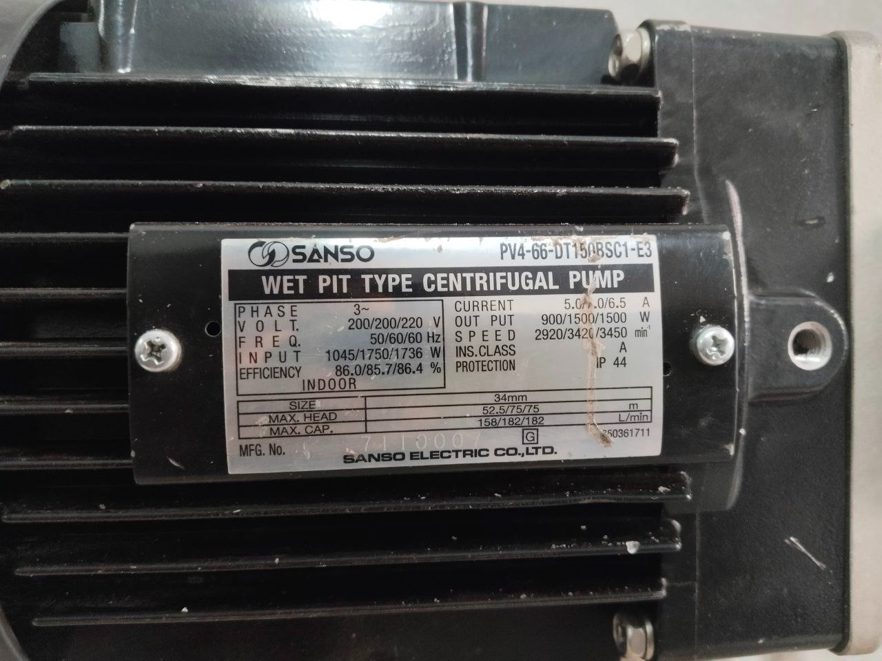 Sanso Wet Pit Type Centrifugal Pump PV4-66-DT150BSC1-E3, 3 PHASE 220V