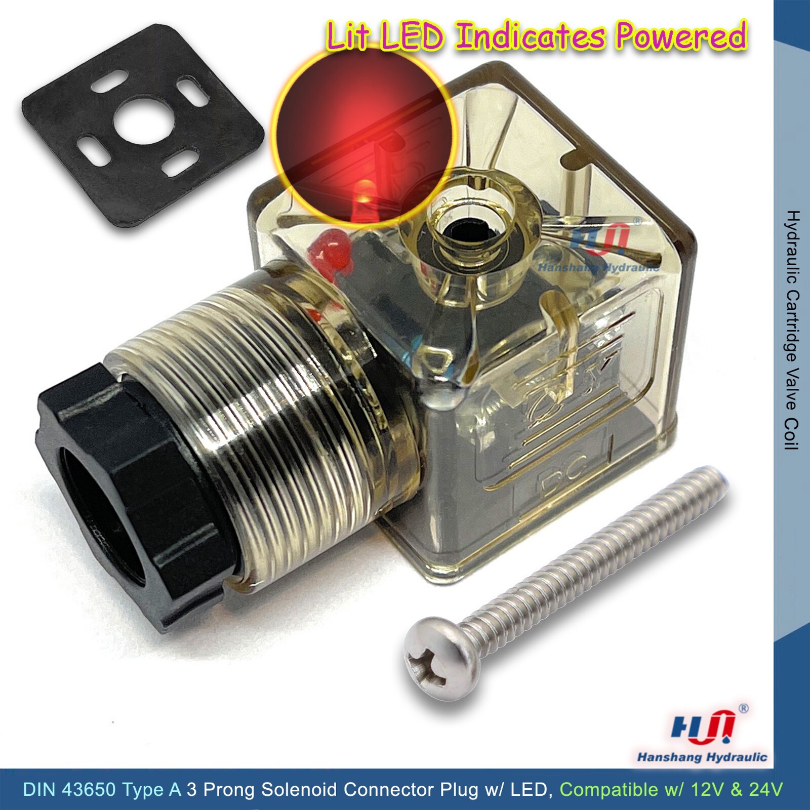 DIN 43650 Type A 3 Prong Solenoid Connector Plug w/ LED Light Compatible 12V 24V