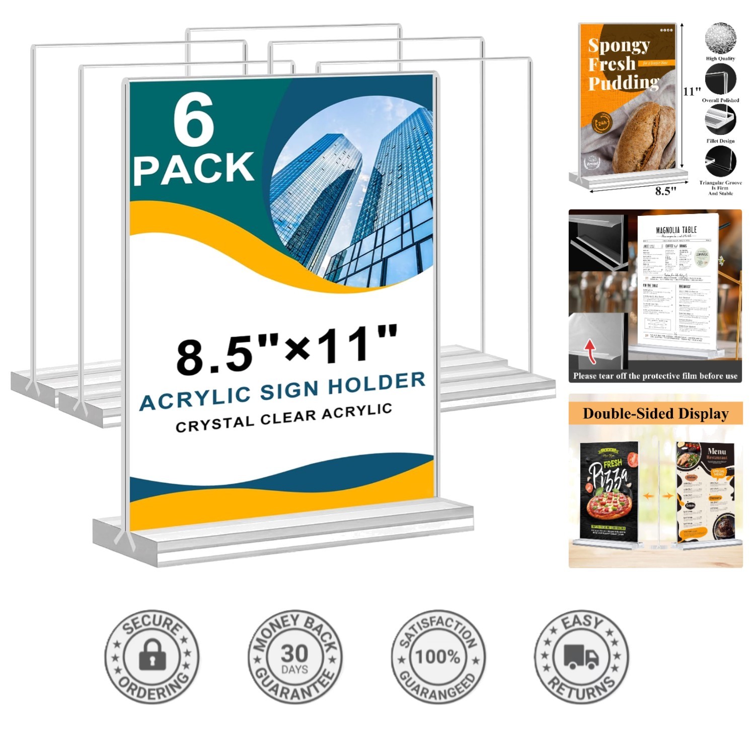 Versatile Double-Sided Acrylic Sign Holder 8.5×11 – Perfect for Events, 6 Pack
