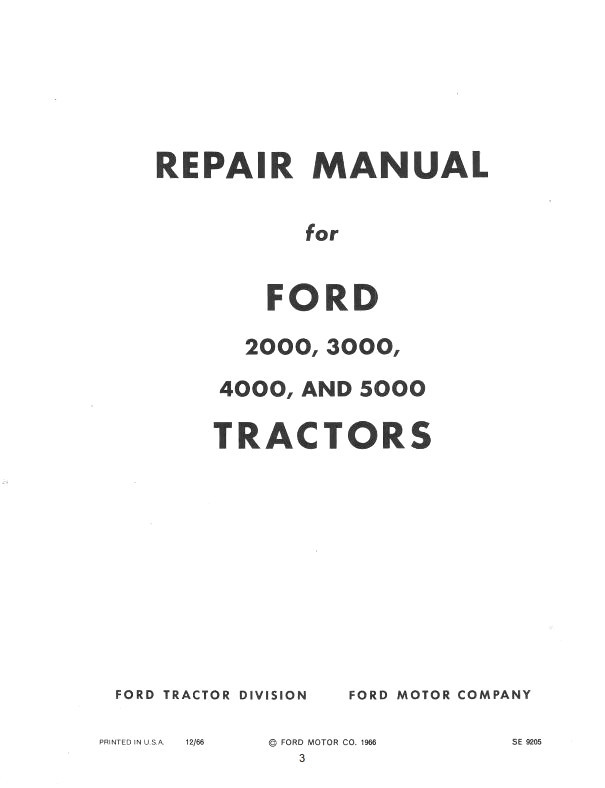 Ford 2000 3000 4000 5000 7000 (3400-5550) Tractor Service Shop Manual 1965-1975
