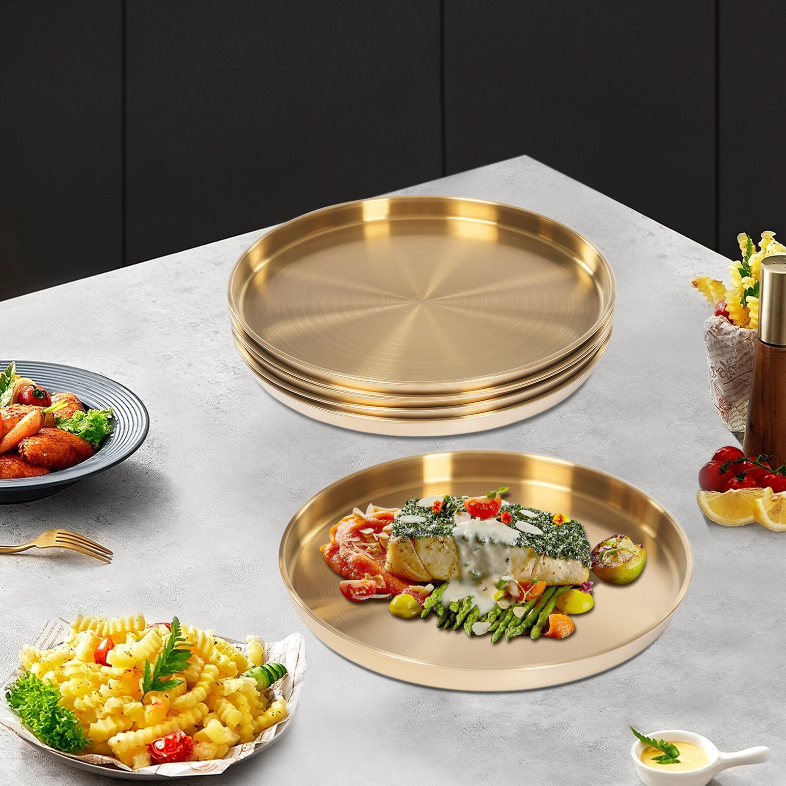 6Pcs Round Serving Trays Stainless Steel Table Tray Gold Decorative Tray