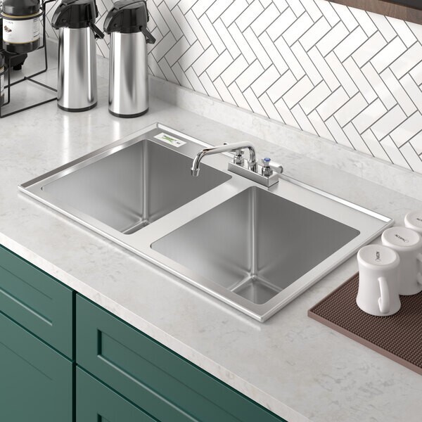 21″W x 33″L 16G Stainless Steel Two Compartment Drop-In Sink w/ 8″ Swing Faucet