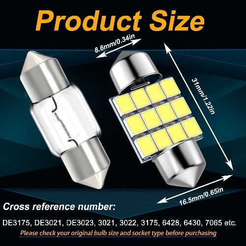 31mm 1.22in Super Bright White LED Festoon Car Lights, DE3021 DE3022 Fit for Int