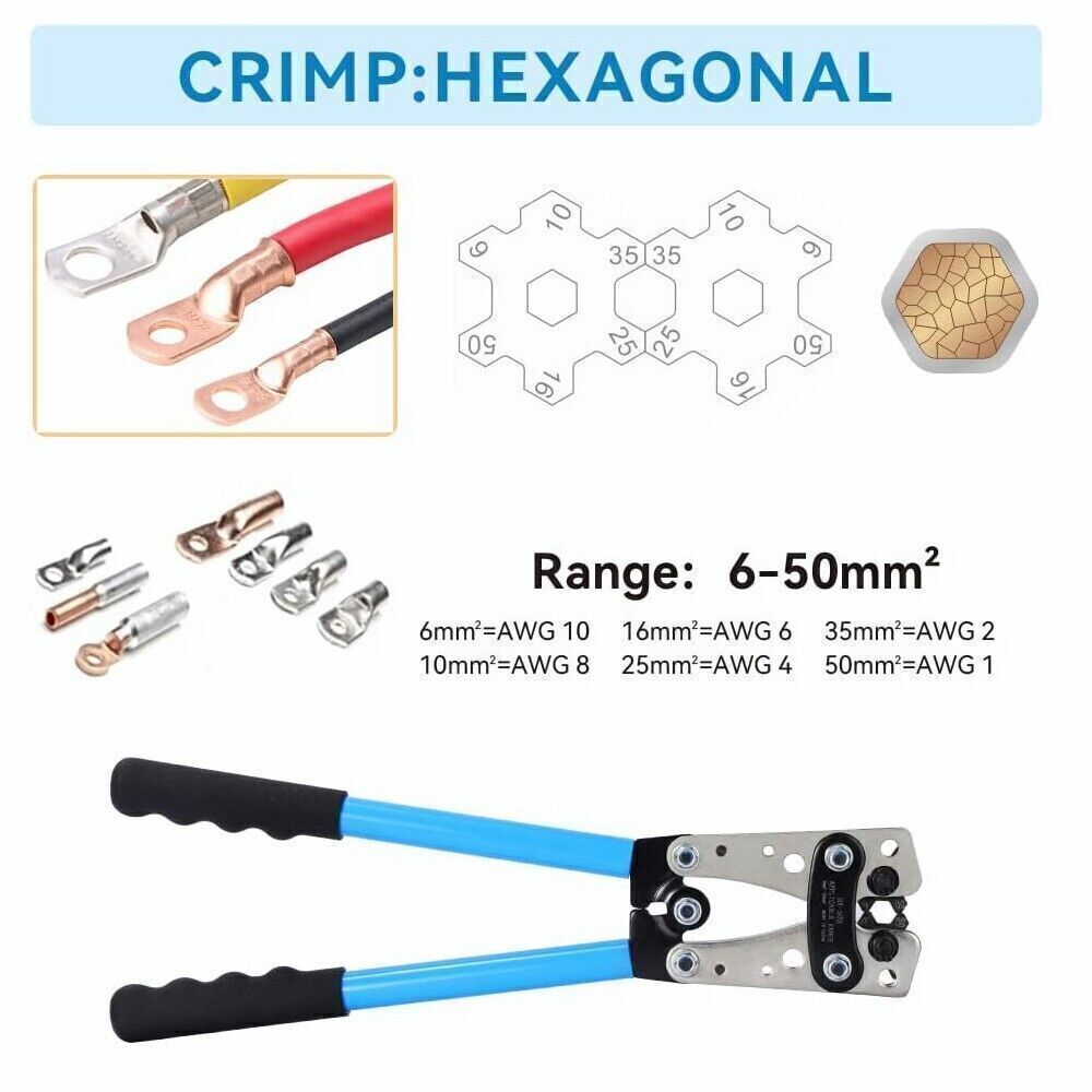 Battery Cable Lug Crimping Tool 10-1 AWG W 60PC Copper Ring Terminal Heavy Duty