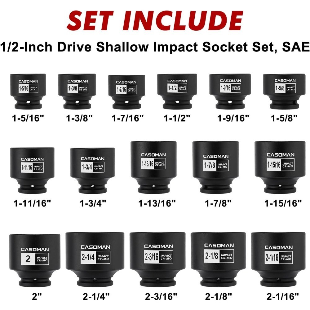 16PCS 1/2 Drive Shallow Spindle Axle Nut Impact Socket Set, 6-Point, Large