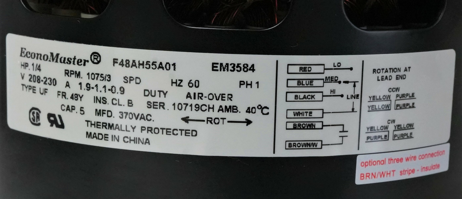 Air Handler Furnace HVAC Blower Motor 3584 1/4 HP 1075/3 RPM 230V 48 Frame