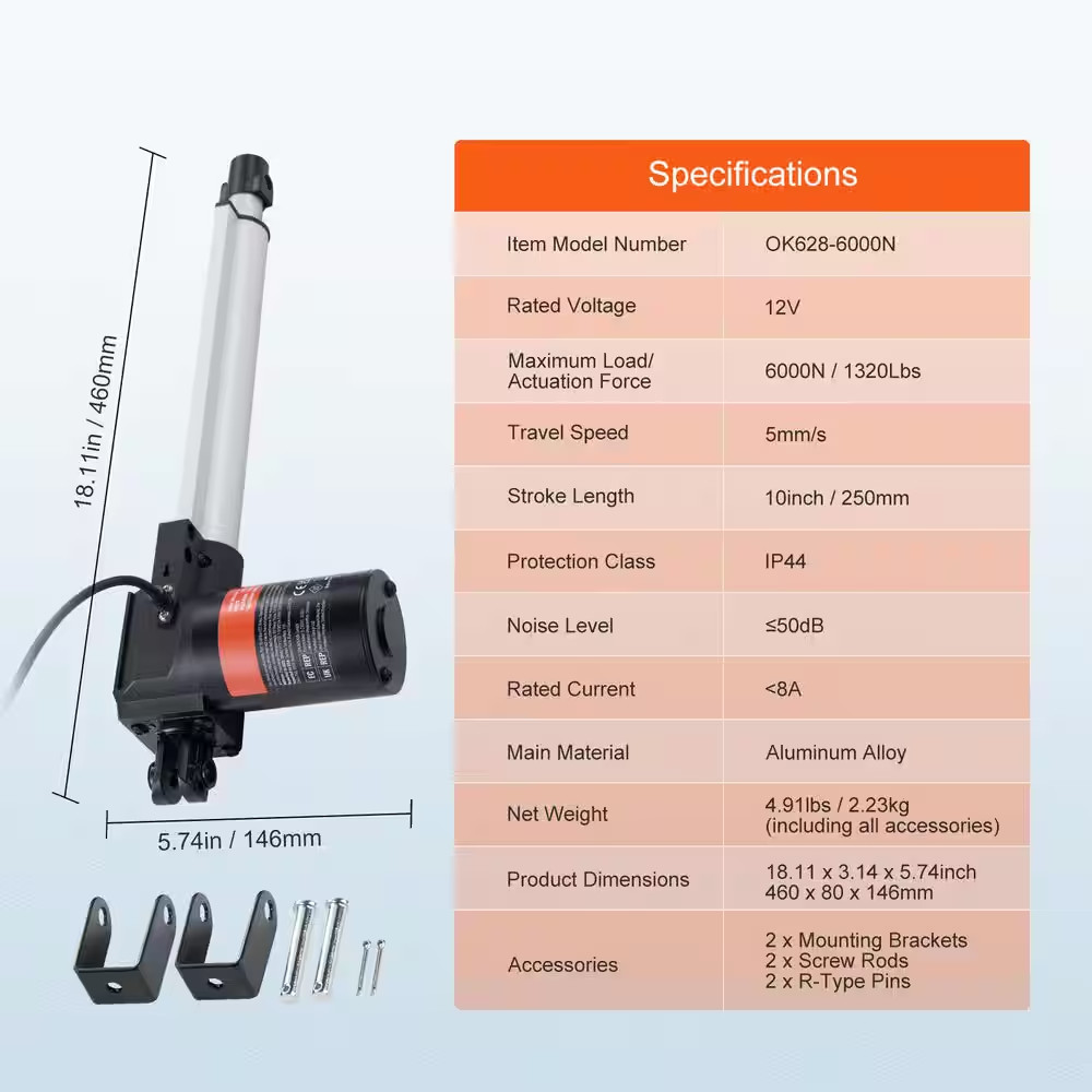 Linear Actuator 12V, 10 In. Heavy Duty 1320 Lbs. /6000N Linear Actuator, 0.19 In