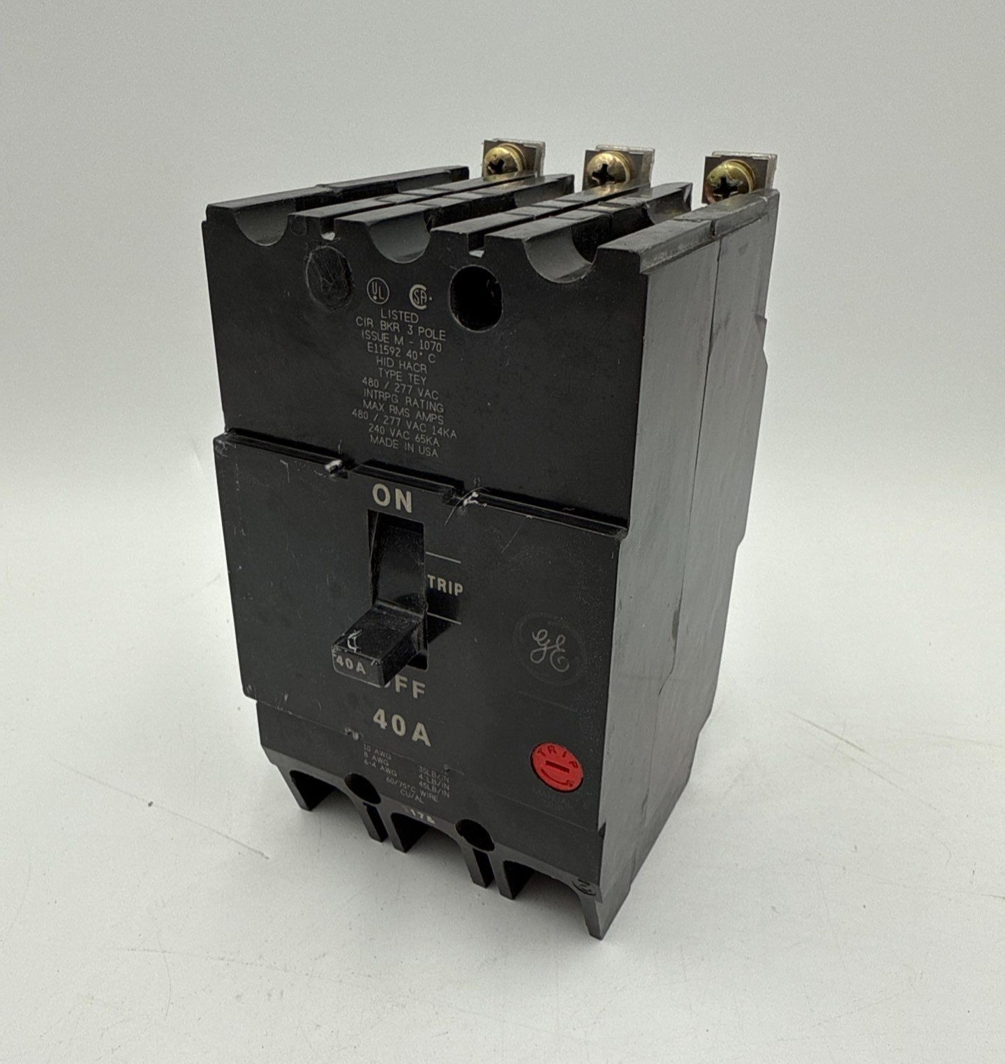 General Electric TEY340 Circuit Breaker 40A 3P 480V TEY 3PH 3 pole 40 Amp Used