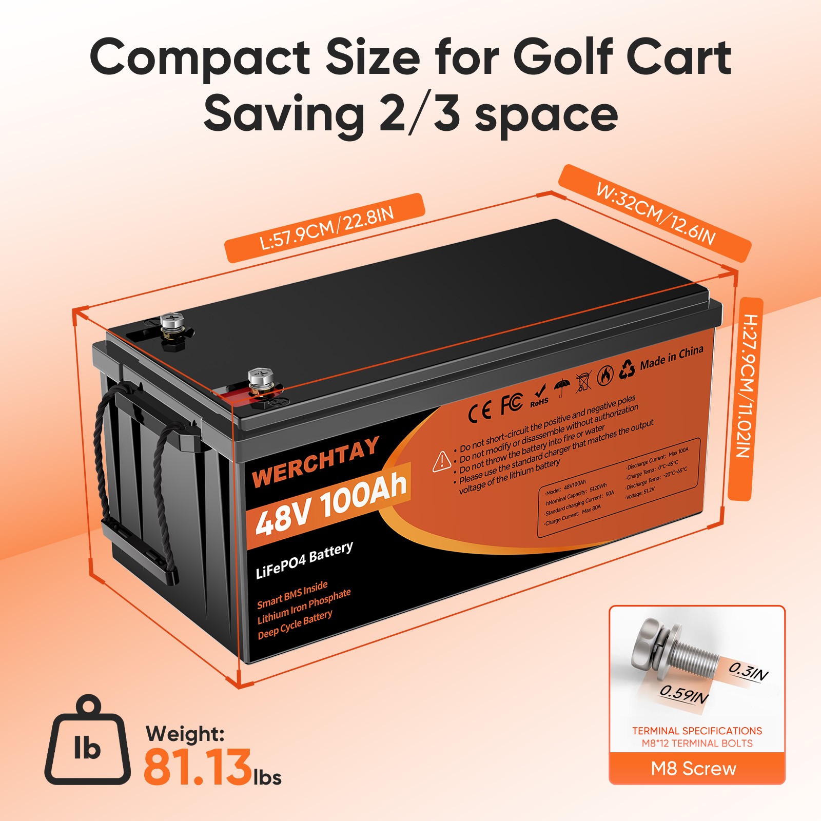 48V 100Ah LiFePO4 Battery with BMS Deep Cycle for Marine Off-Grid Power Golf Car