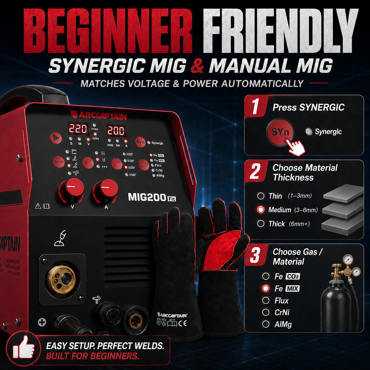 ARCCAPTAIN 6-in-1 Aluminum MIG Welder, 200A Flux Core MIG/Gas MIG/Lift TIG