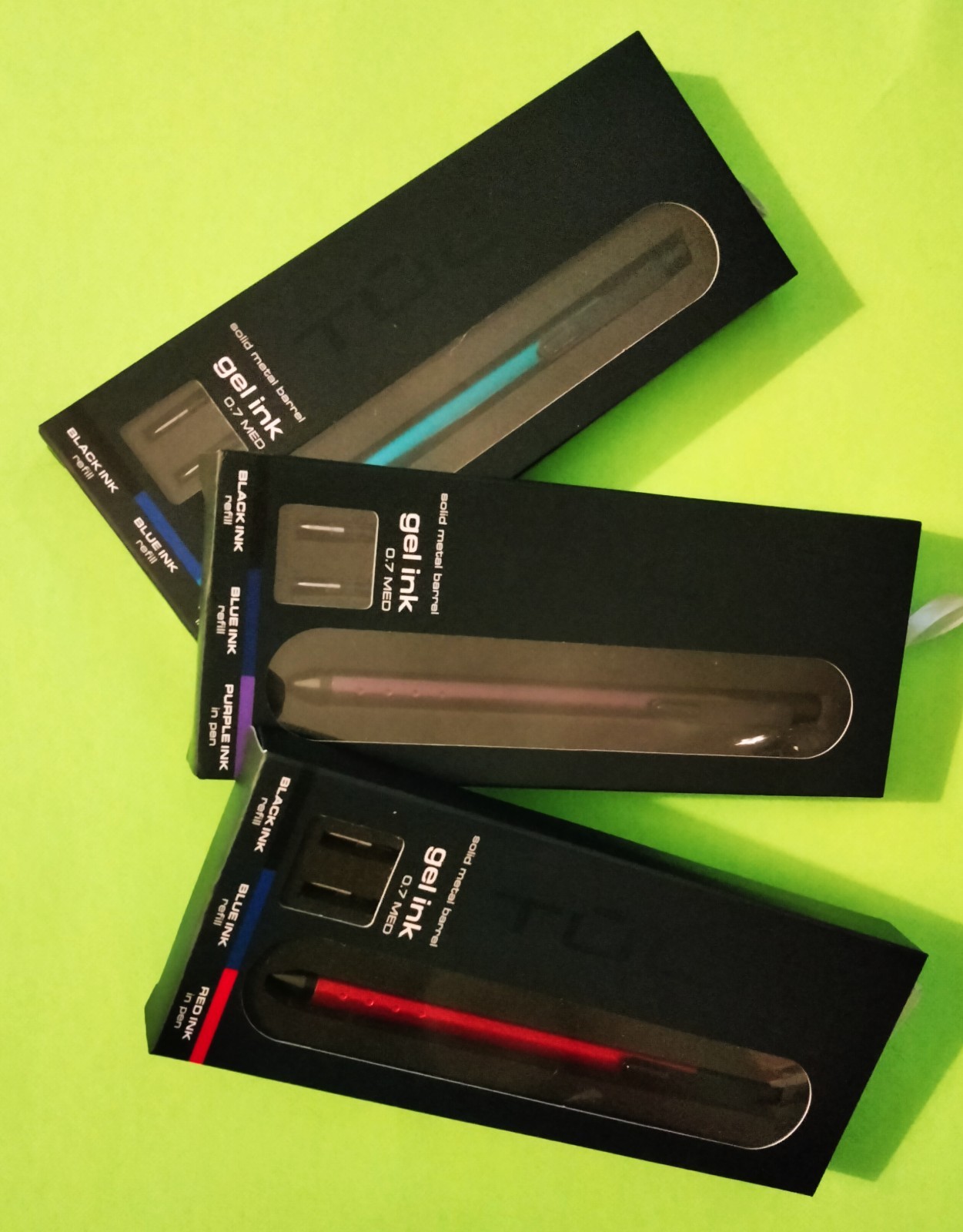 (3) 🖋TUL Fine Solid Metal Barrel GEL INK 0.7 Med~Teal, Purple & Red~bid@$24.99