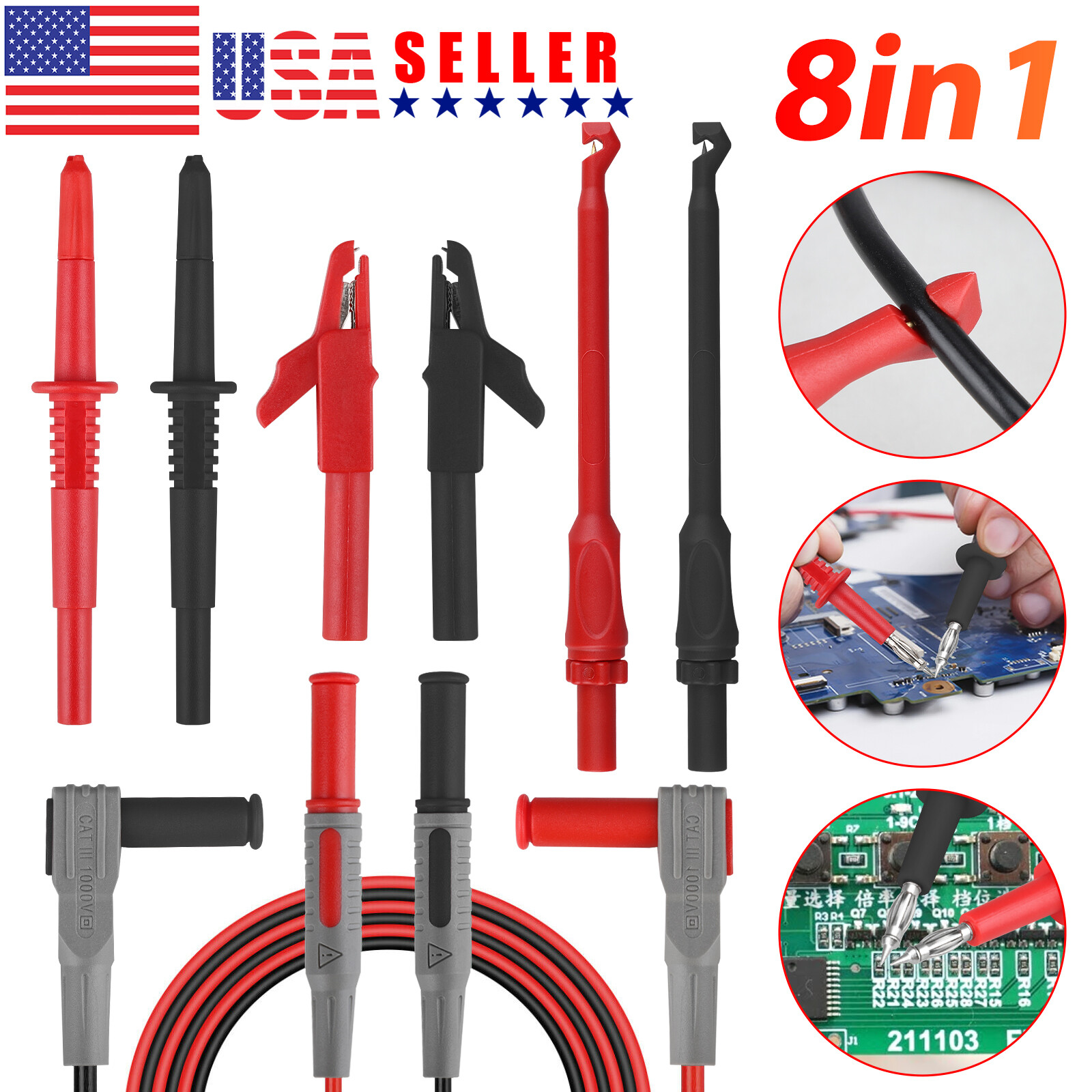 8in1 Multimeter Test Leads Kit 4mm Wire Piercing Clip Probe Plug Tool Automotive