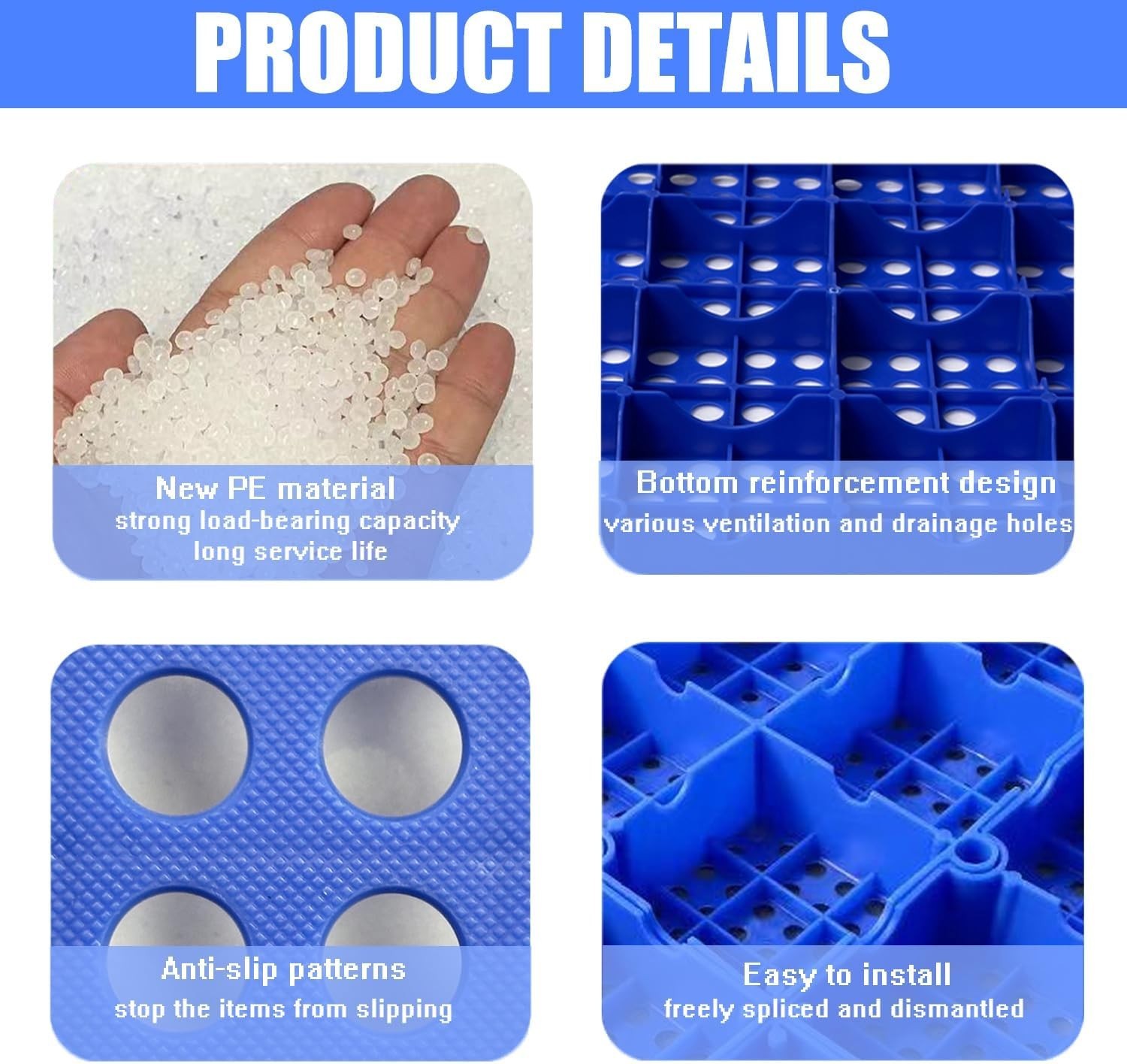Durable Blue Plastic Storage Pallets for Basement and Garage – 4-Pack, 1000 lbs