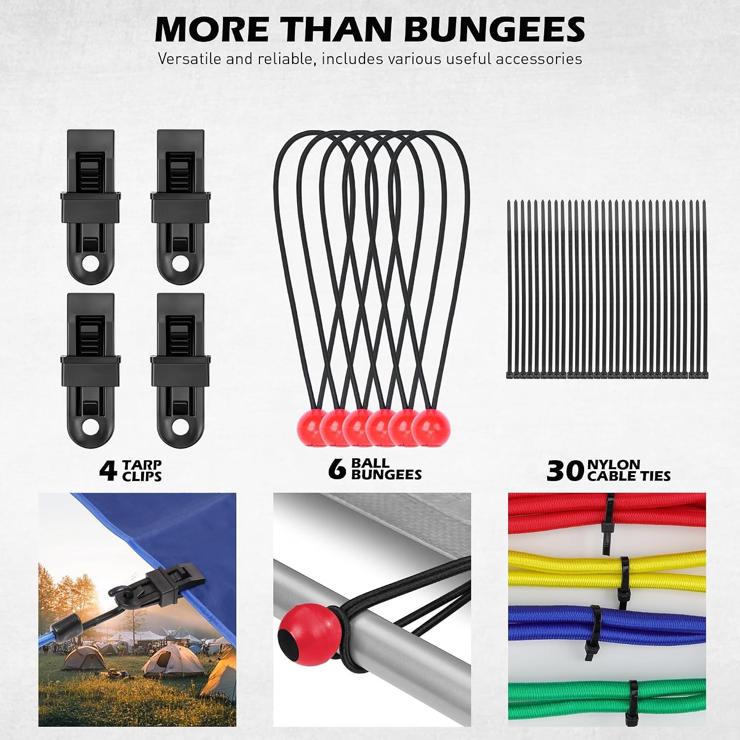 60PCS Bungee Cords Assorted Sizes Heavy Duty Elastic Tie Down Hooks Set