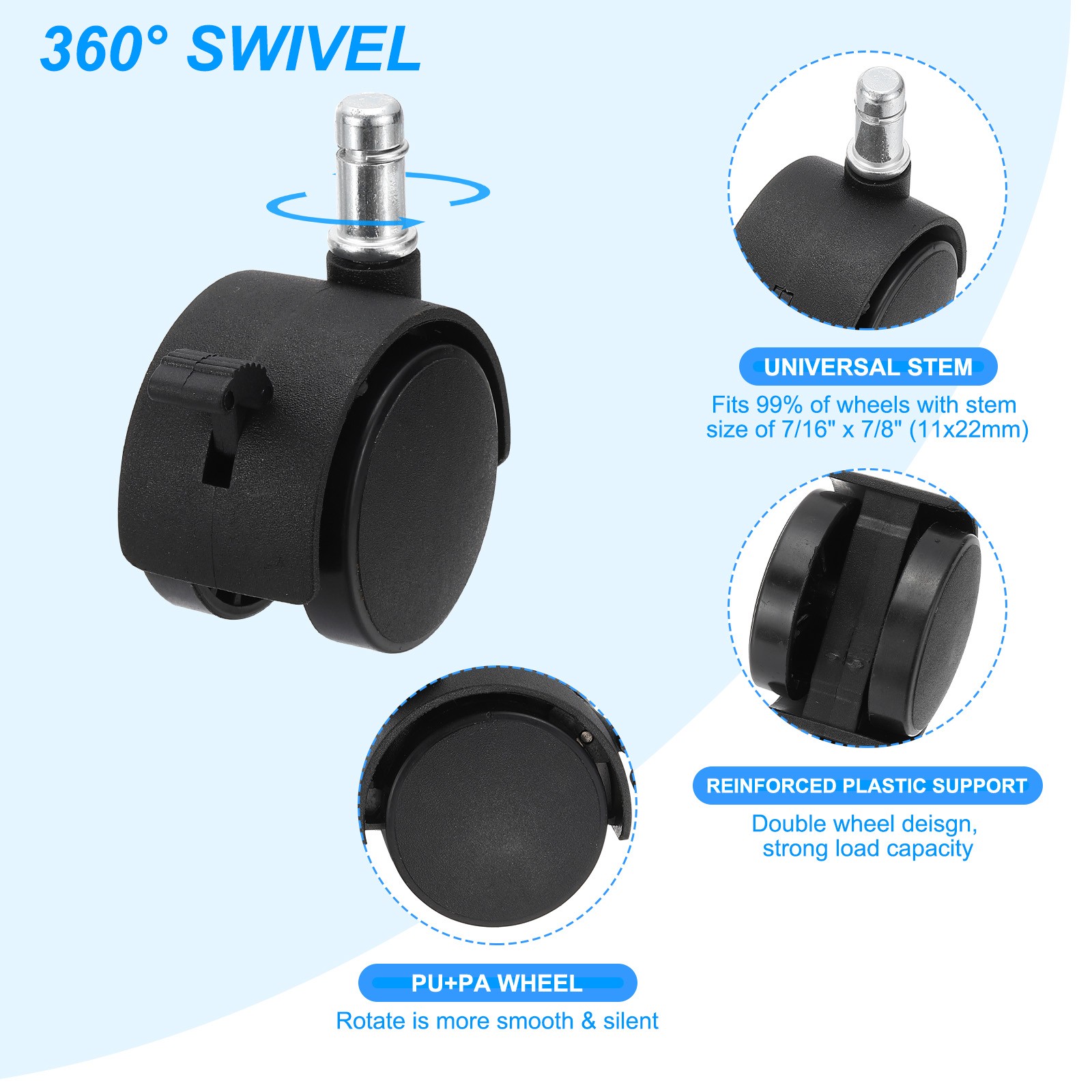 5Pcs 2 Inch Gaming Chair Wheels Replacement Quite Swivel Caster with Brake Black