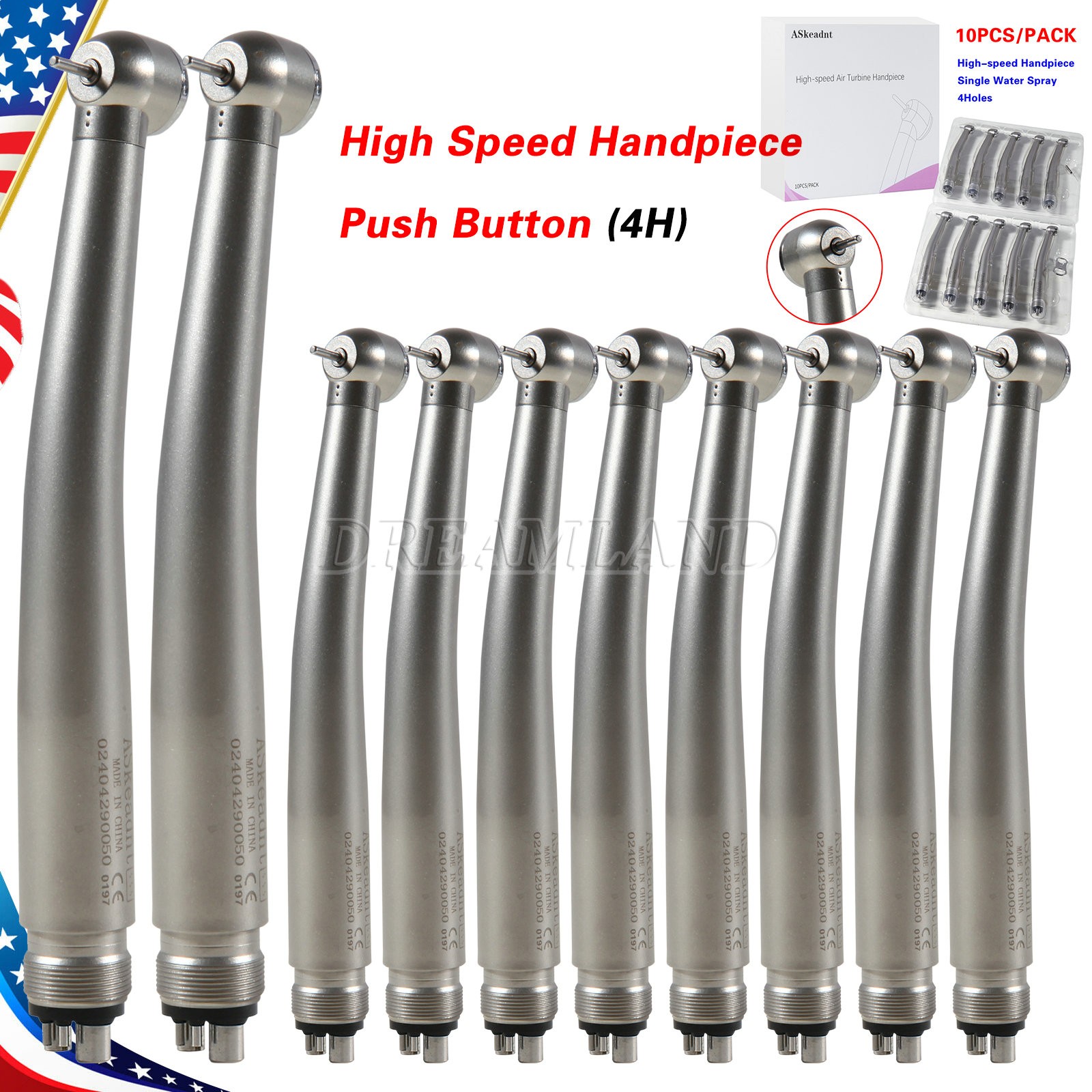 10 Pcs ADA4 NSK PANA MAX Style Dental High Speed Turbine Handpiece Push 4Hole