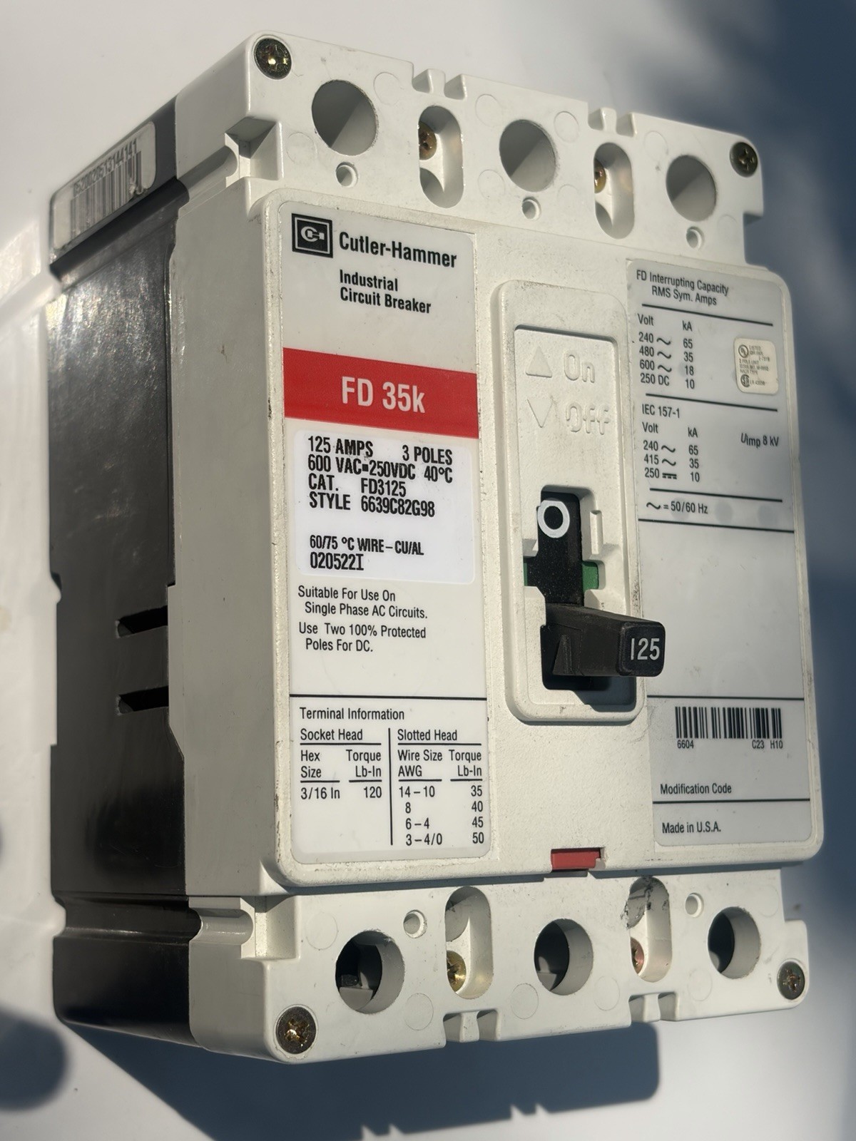 Eaton FD3125 600V 125A 3-Poles Molded Case Circuit Breaker FD 35k