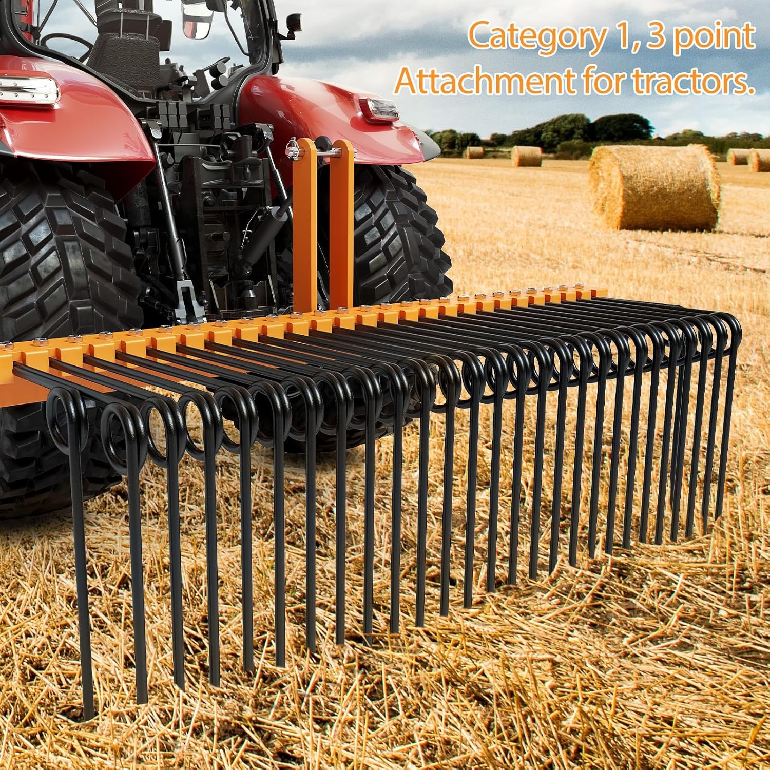 GARVEE 5ft 3-Point Pine Needle Rake Landscape Yard Tractor Attachment Fit Cat0,1