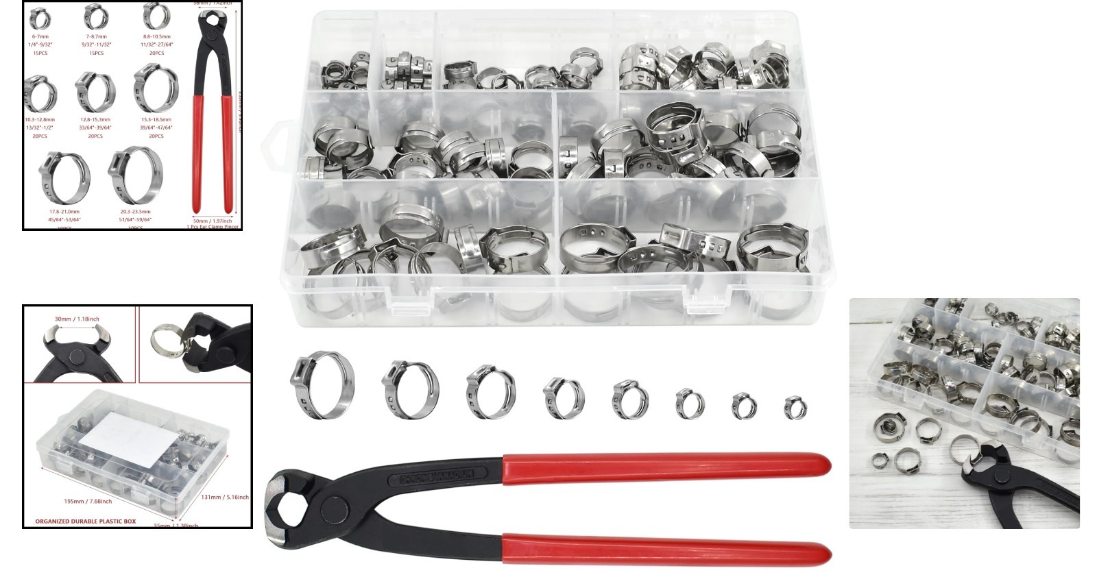 130Pc Heavy Duty PEX Clamp Assortment Kit With Pliers 6 23.5Mm