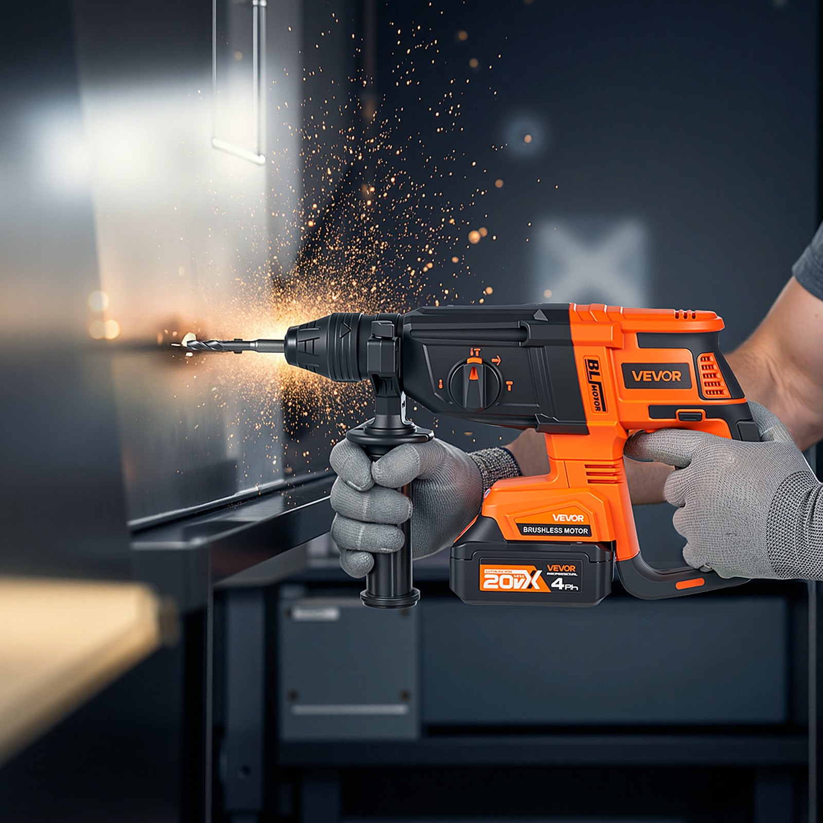 VEVOR 20V SDS-Plus Brushless Cordless Rotary Hammer Drill Kit 1.1 In 1200RPM