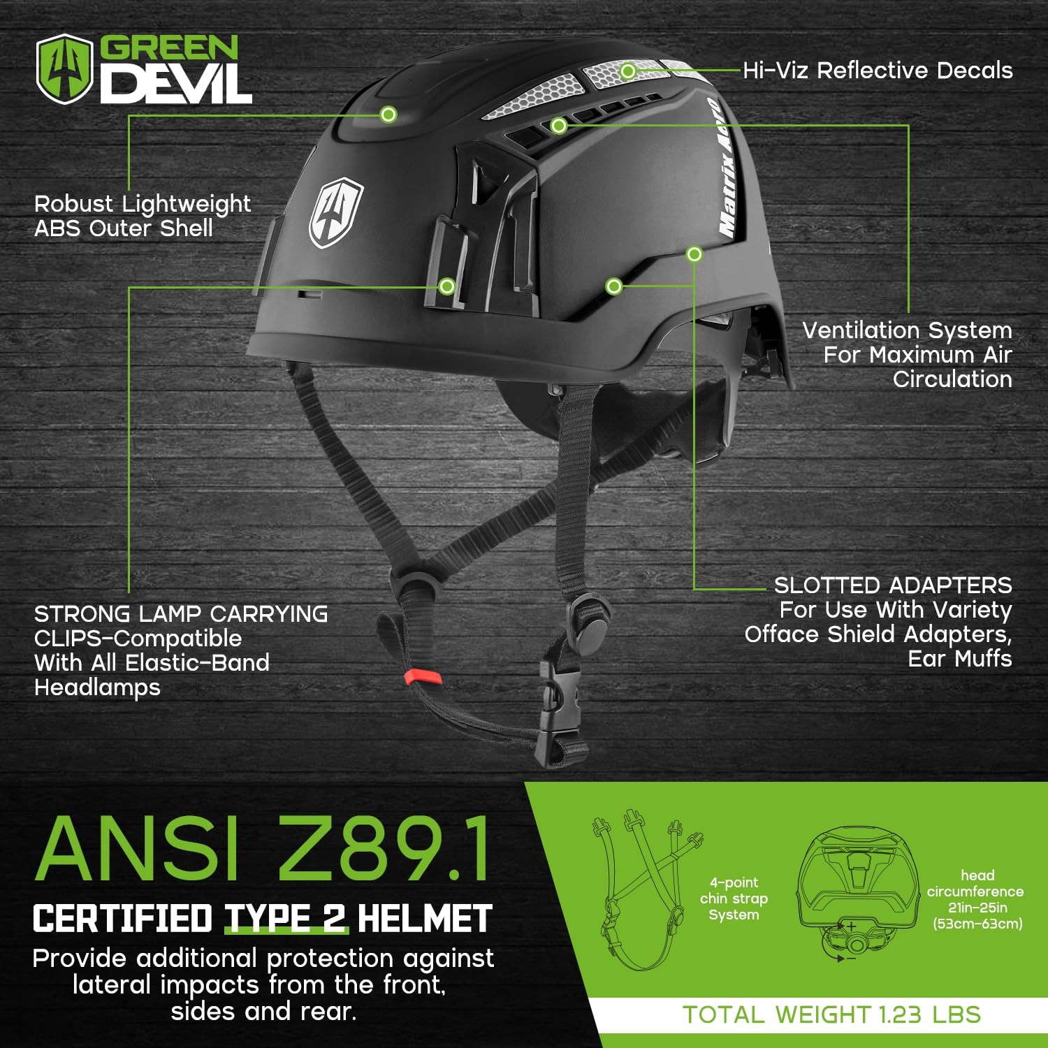 Type 2 Hard Hat Vented Construction Safety Helmet Green Devil with Chin Strap